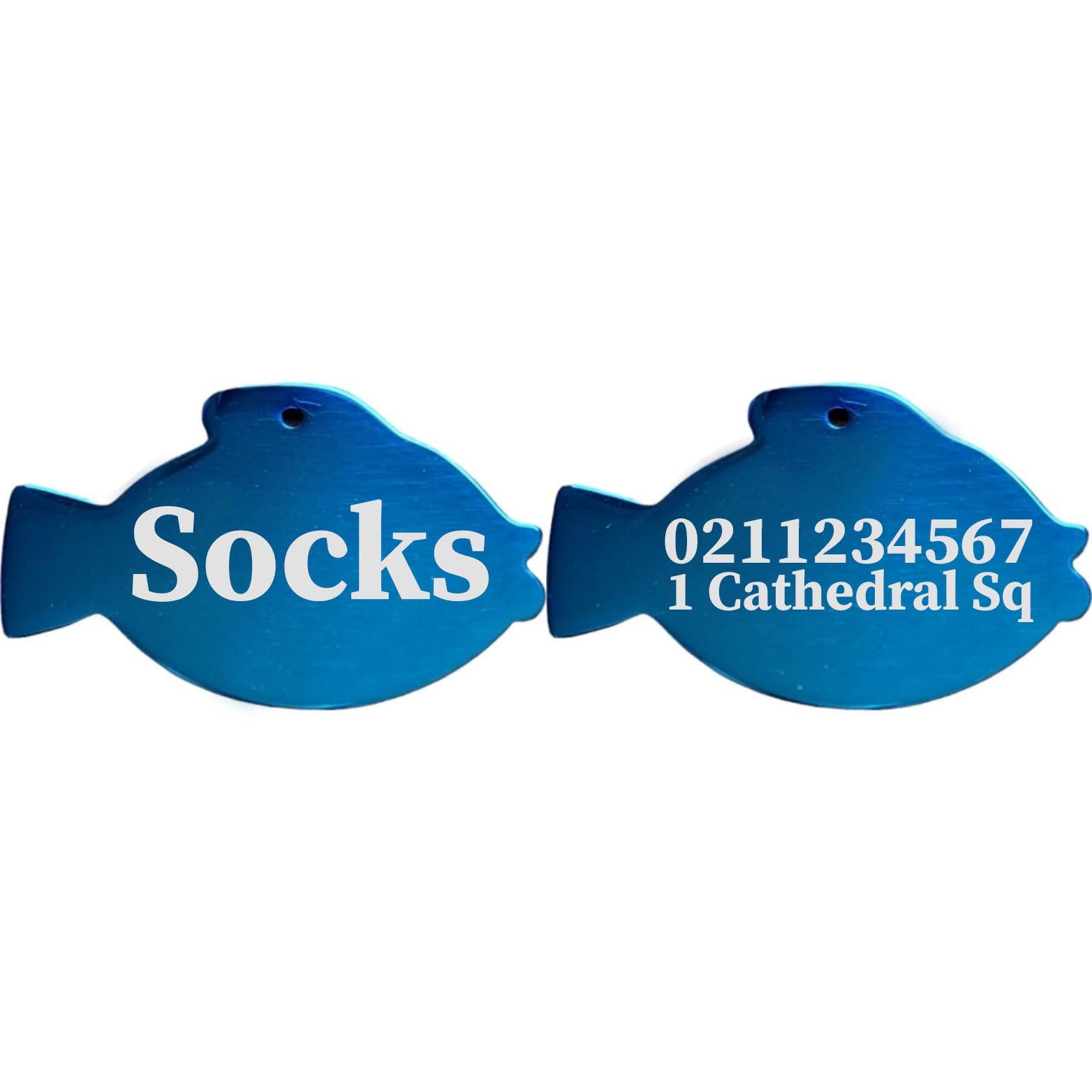 ⭐️Purr. Meow. Woof.⭐️ - Name Front & 1 Number Address Back Fish | Mirror Stainless | Cat & Dog ID Pet Tag - MidnightBlue