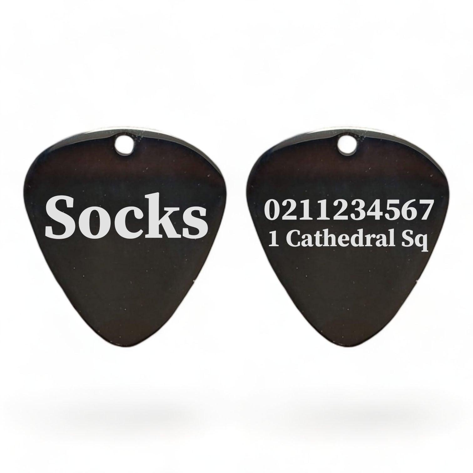 ⭐️Purr. Meow. Woof.⭐️ - Name Front & 1 Number Address Back Guitar Pick | Mirror Stainless | Dog & Cat ID Pet Tag - Black