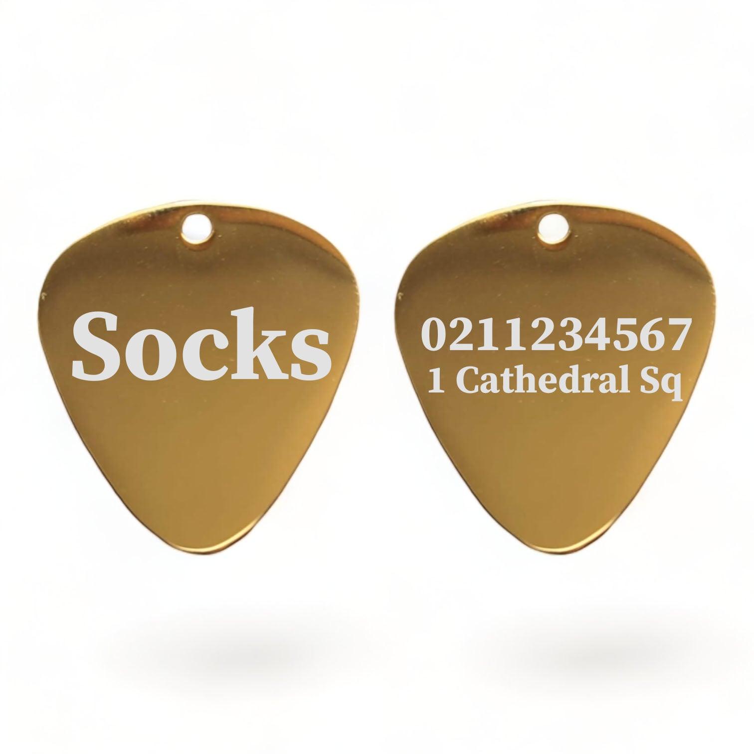 ⭐️Purr. Meow. Woof.⭐️ - Name Front & 1 Number Address Back Guitar Pick | Mirror Stainless | Dog & Cat ID Pet Tag - Gold