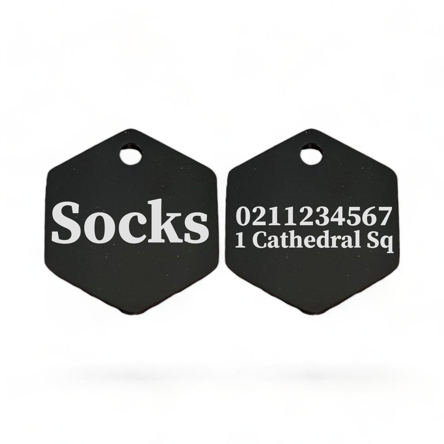 ⭐️Purr. Meow. Woof.⭐️ - Name Front & 1 Number Address Back | Mirror Stainless | Hexagon Cat & Dog ID Pet Tag - Black / Small (Cat)