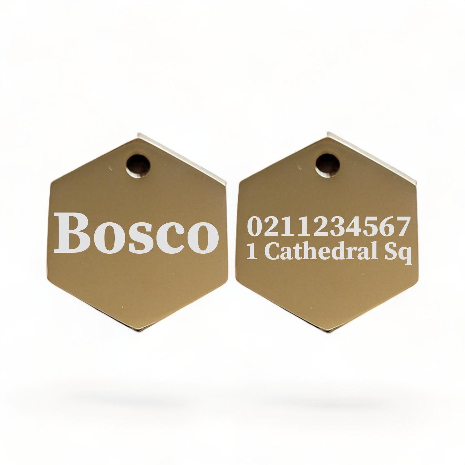 ⭐️Purr. Meow. Woof.⭐️ - Name Front & 1 Number Address Back | Mirror Stainless | Hexagon Cat & Dog ID Pet Tag - Gold / Large (Dog)