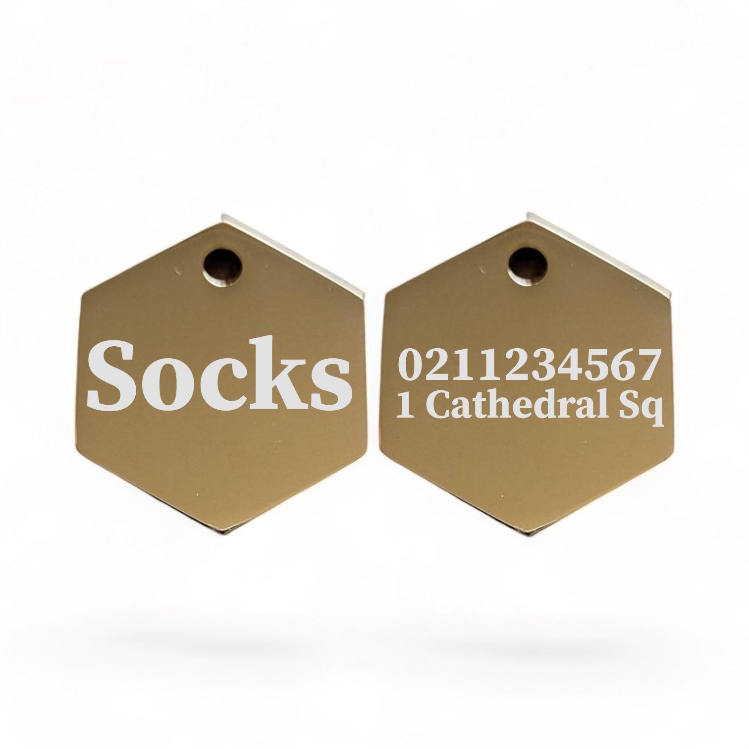 ⭐️Purr. Meow. Woof.⭐️ - Name Front & 1 Number Address Back | Mirror Stainless | Hexagon Cat & Dog ID Pet Tag - Gold / Small (Cat)