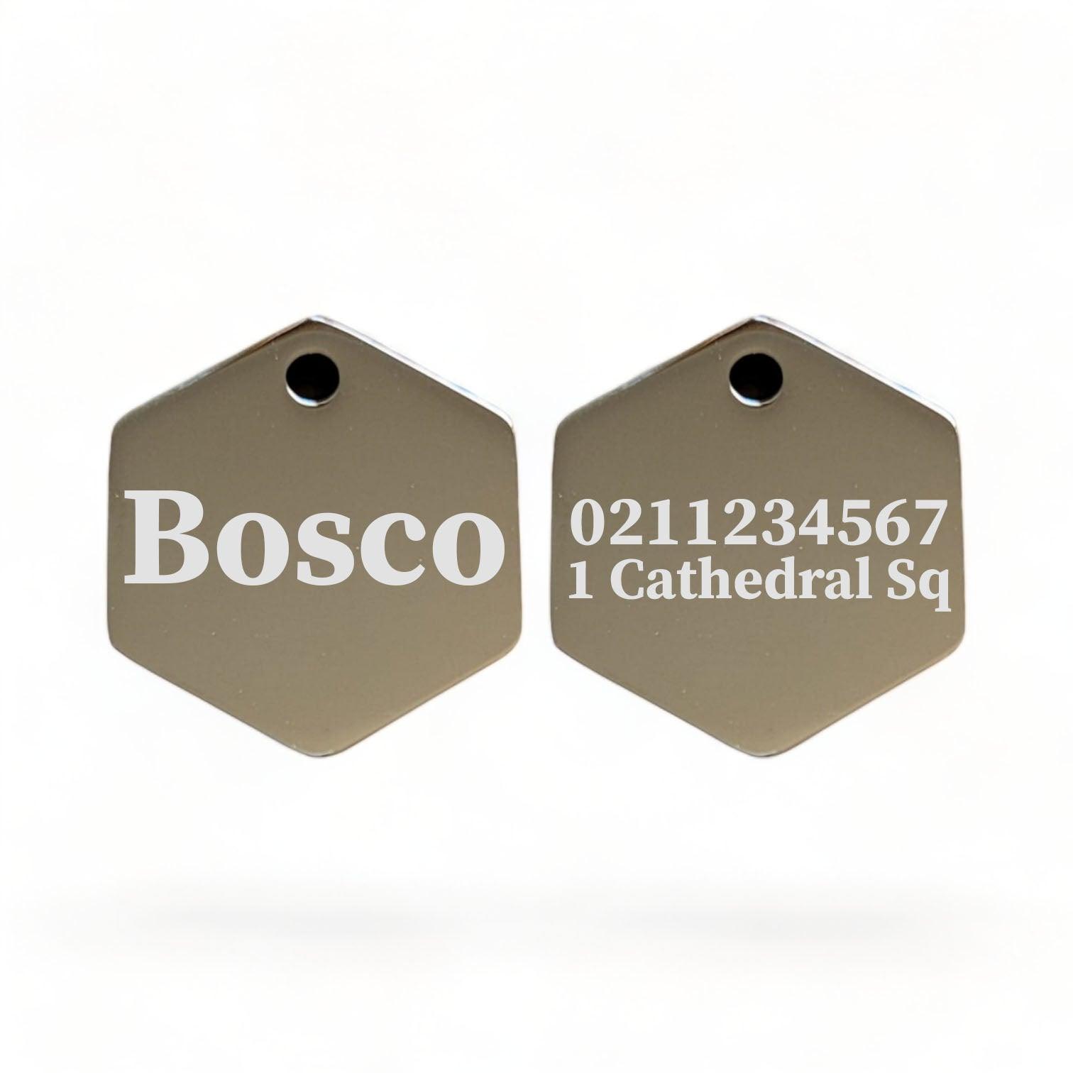⭐️Purr. Meow. Woof.⭐️ - Name Front & 1 Number Address Back | Mirror Stainless | Hexagon Cat & Dog ID Pet Tag - Silver / Large (Dog)