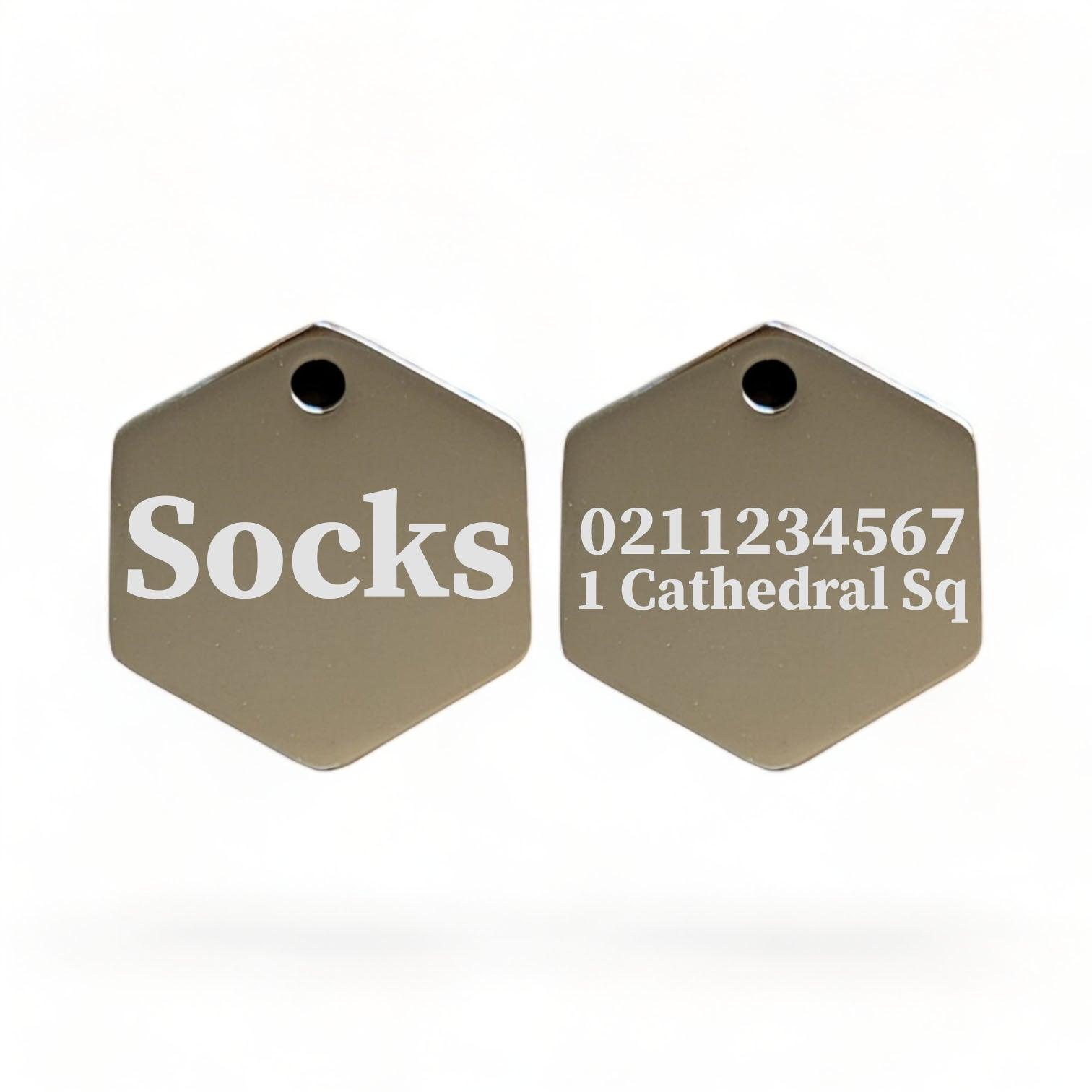 ⭐️Purr. Meow. Woof.⭐️ - Name Front & 1 Number Address Back | Mirror Stainless | Hexagon Cat & Dog ID Pet Tag - Silver / Small (Cat)