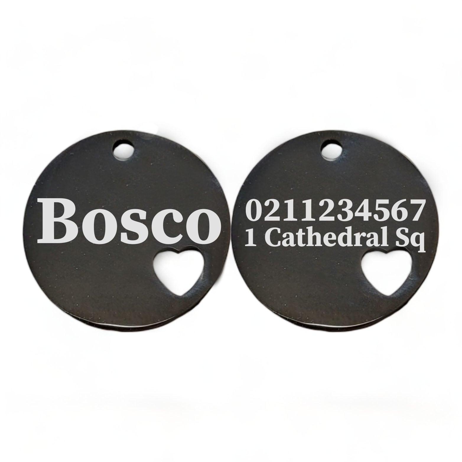 ⭐️Purr. Meow. Woof.⭐️ - Name Front & 1 Number Address Back Round Heart | Mirror Stainless | Cat & Dog ID Pet Tag - Black / Large (Dog)