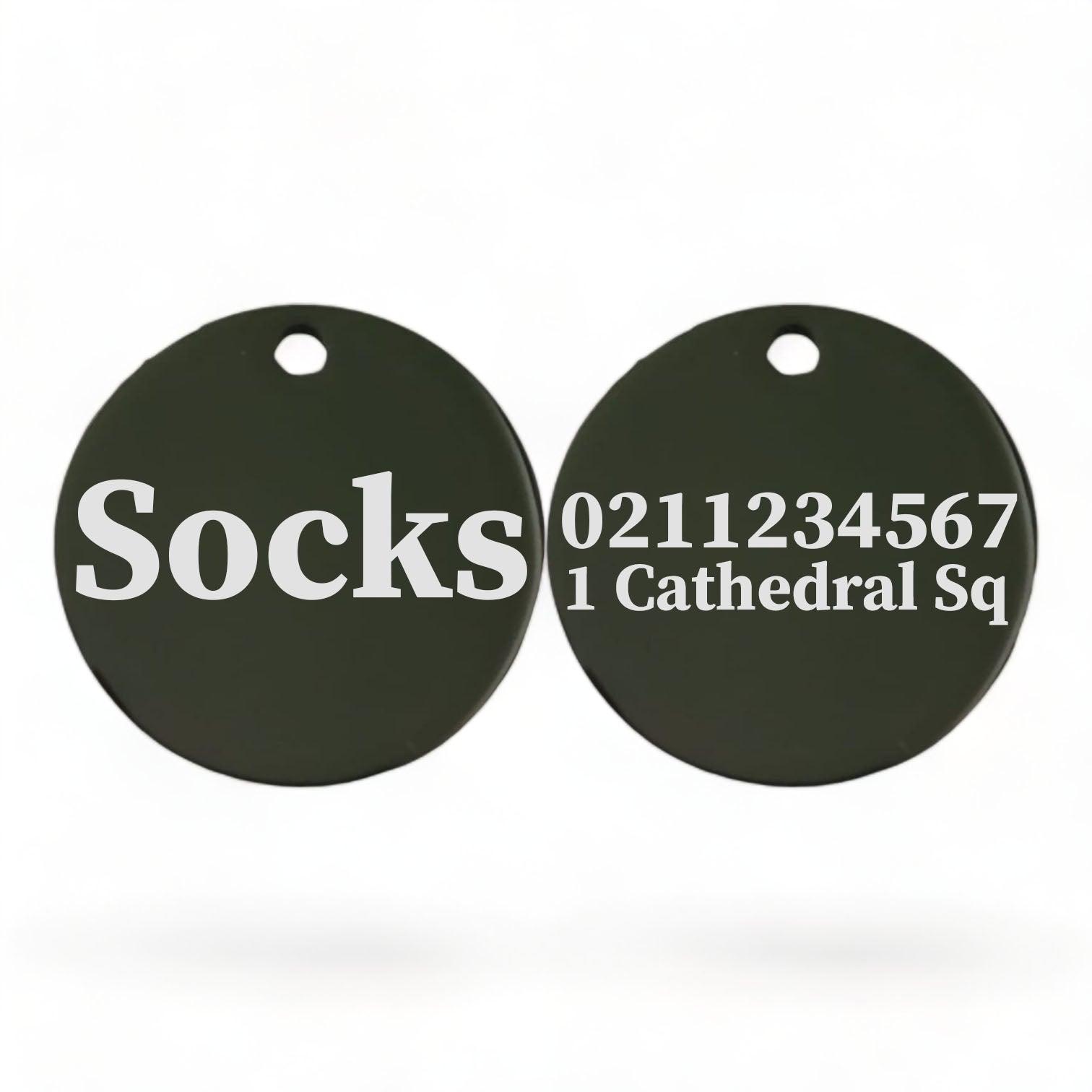 ⭐️Purr. Meow. Woof.⭐️ - Name Front & 1 Number Address Back Round | Mirror Stainless | Cat ID Pet Tag - Black