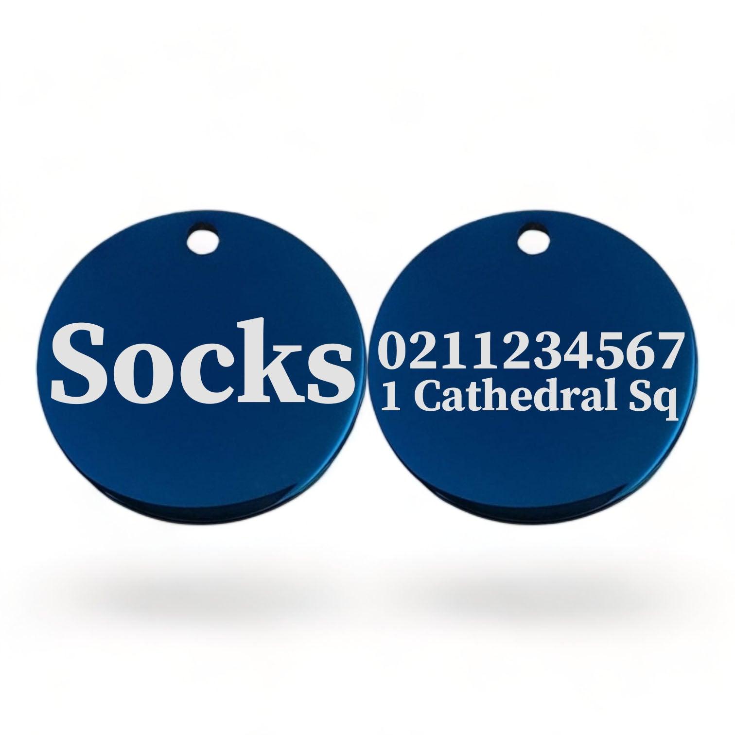 ⭐️Purr. Meow. Woof.⭐️ - Name Front & 1 Number Address Back Round | Mirror Stainless | Cat ID Pet Tag - MidnightBlue