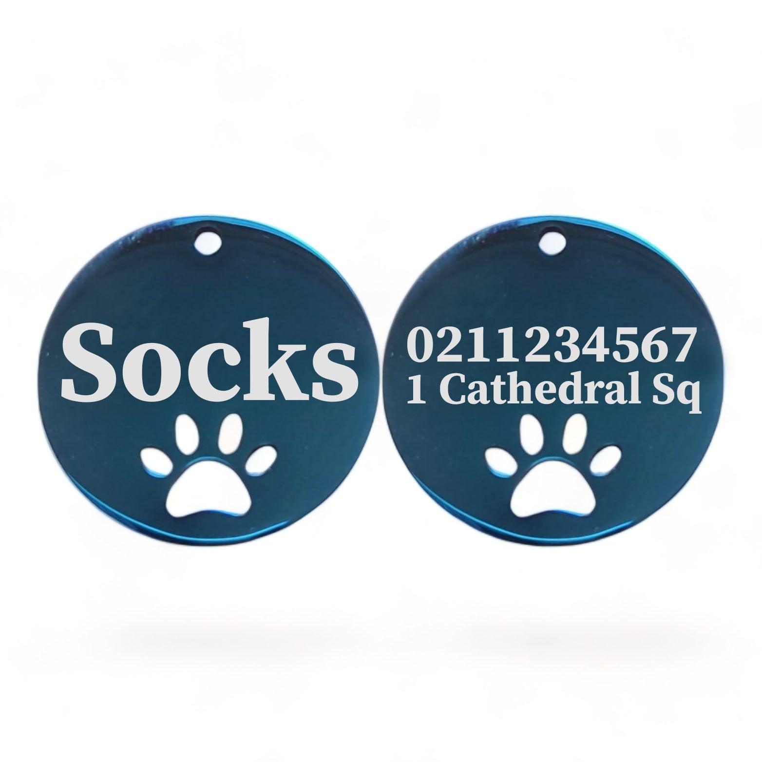 ⭐️Purr. Meow. Woof.⭐️ - Name Front & 1 Number Address Back Round Paw Print | Mirror Stainless | Cat & Dog ID Pet Tag - MidnightBlue / Small (Cat)