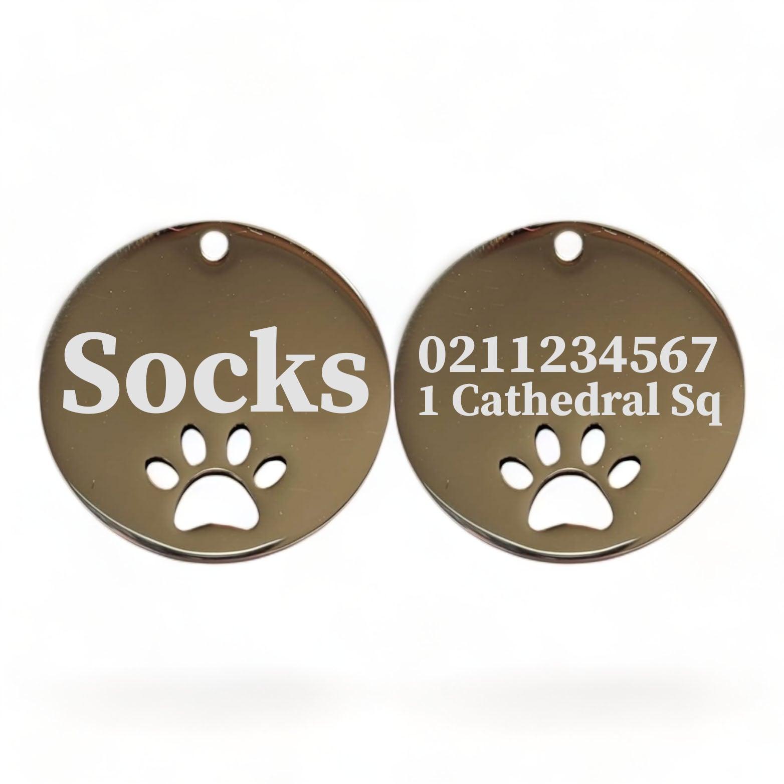⭐️Purr. Meow. Woof.⭐️ - Name Front & 1 Number Address Back Round Paw Print | Mirror Stainless | Cat & Dog ID Pet Tag - Silver / Small (Cat)