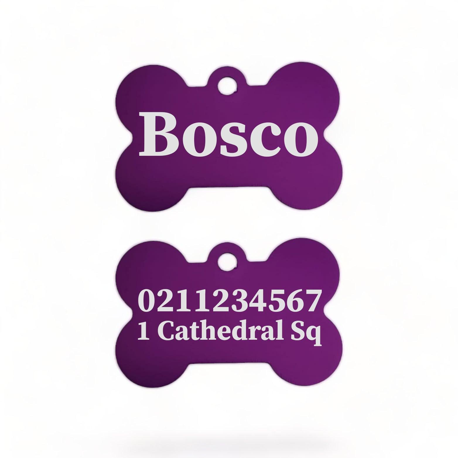 ⭐️Purr. Meow. Woof.⭐️ - Name Front & 1 Number & Address Back | Bone Aluminium | Dog ID Pet Tag - Purple