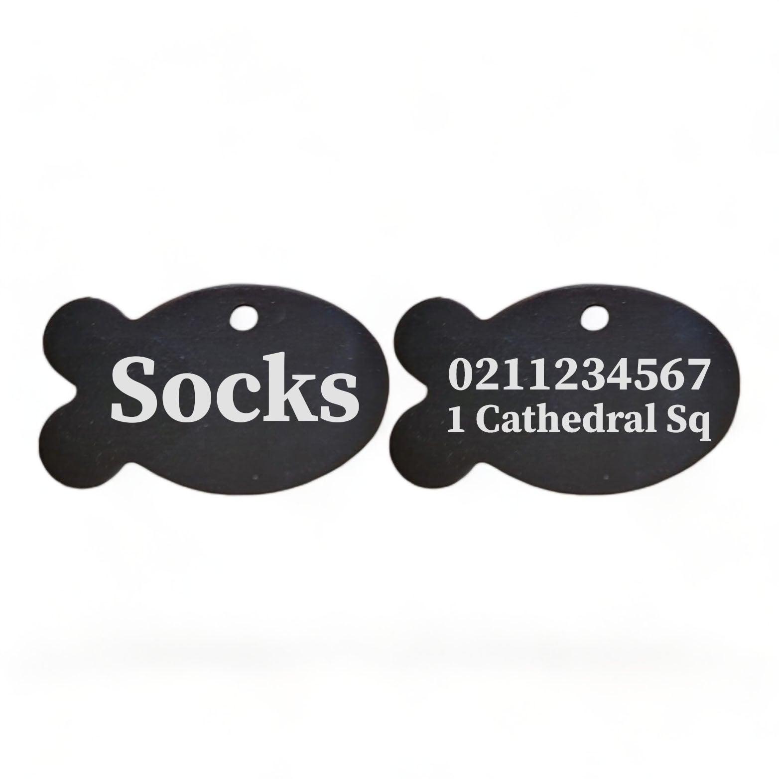 ⭐️Purr. Meow. Woof.⭐️ - Name Front & 1 Number & Address Back | Fish Aluminum | Cat, Kitten & Dog ID Pet Tag - Black