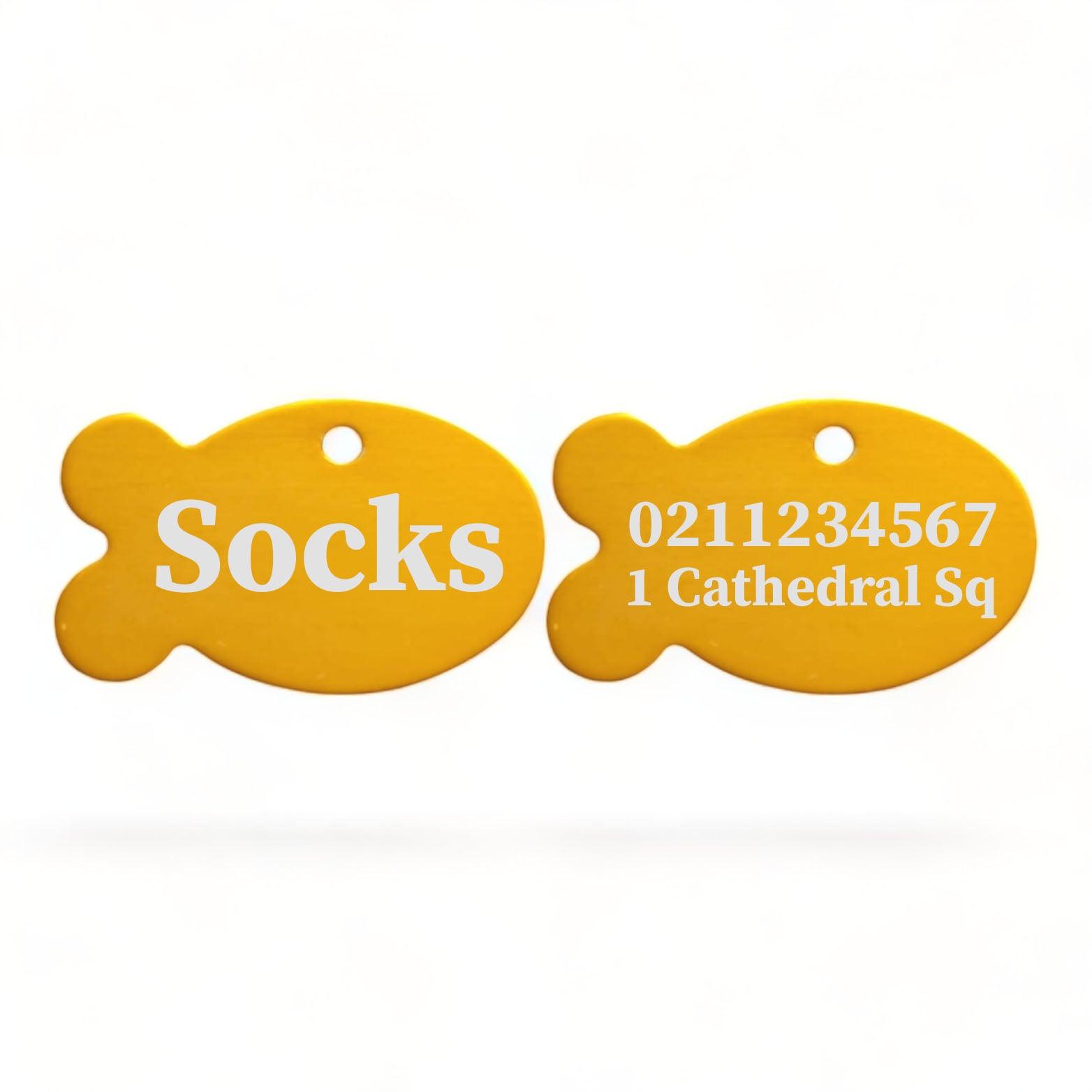 ⭐️Purr. Meow. Woof.⭐️ - Name Front & 1 Number & Address Back | Fish Aluminum | Cat, Kitten & Dog ID Pet Tag - Gold