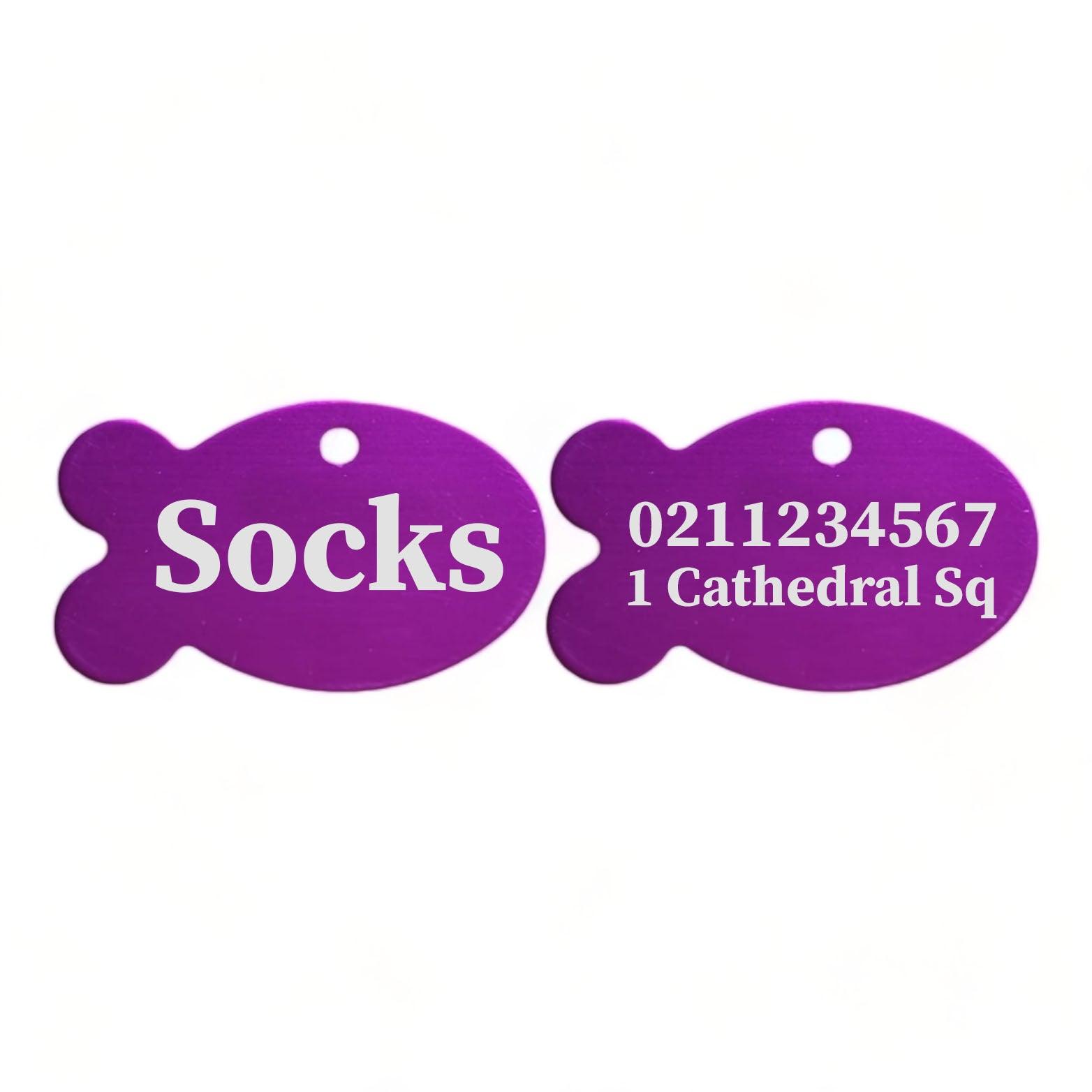 ⭐️Purr. Meow. Woof.⭐️ - Name Front & 1 Number & Address Back | Fish Aluminum | Cat, Kitten & Dog ID Pet Tag - Purple