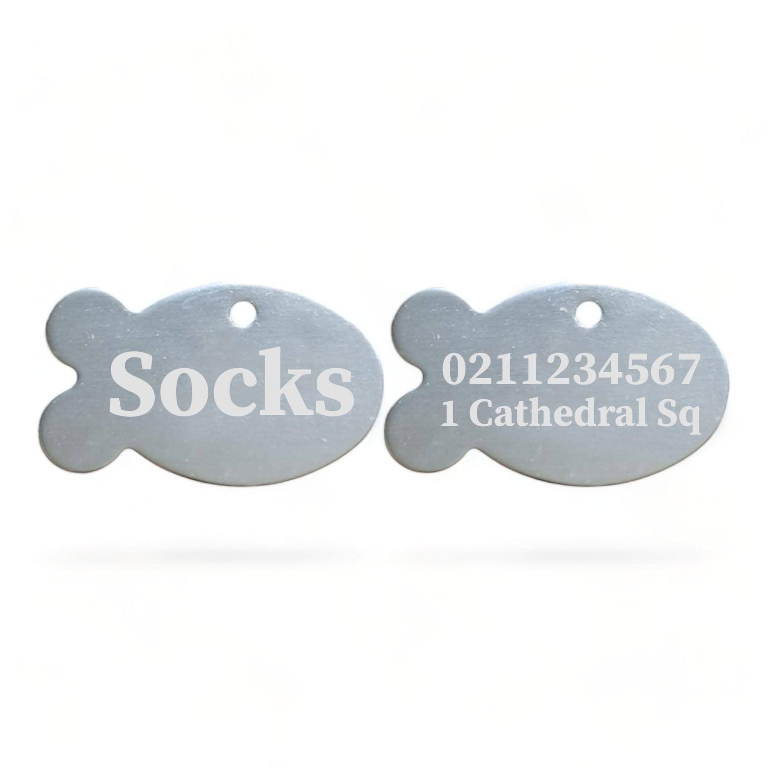 ⭐️Purr. Meow. Woof.⭐️ - Name Front & 1 Number & Address Back | Fish Aluminum | Cat, Kitten & Dog ID Pet Tag - Silver