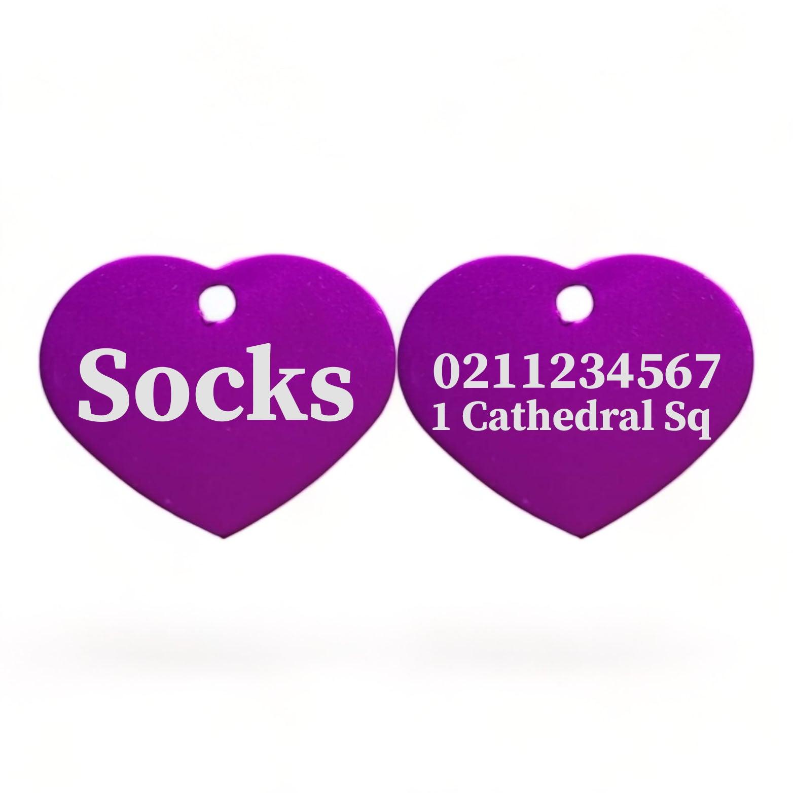 ⭐️Purr. Meow. Woof.⭐️ - Name Front & 1 Number & Address Back | Heart Aluminum | Cat, Kitten & Dog ID Pet Tag - Purple