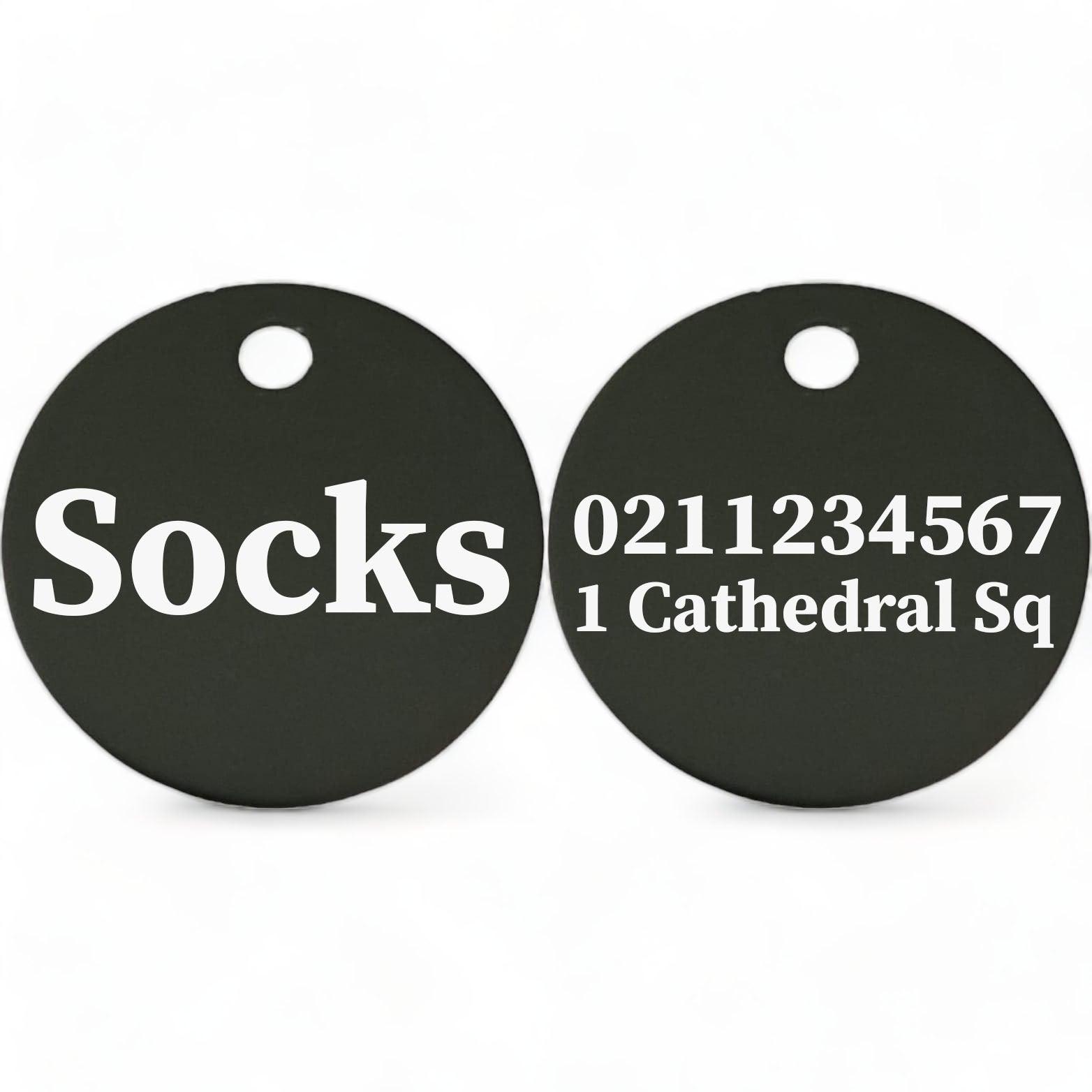 ⭐️Purr. Meow. Woof.⭐️ - Name Front & 1 Number & Address Back | Round Aluminium | Cat, Kitten & Dog ID Pet Tag - Black / Cat (Small)