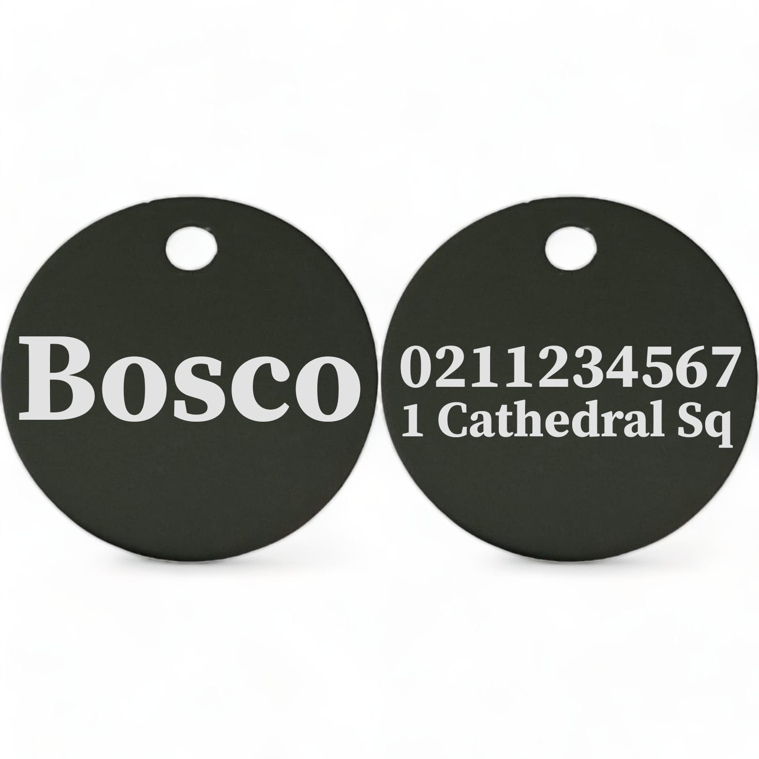 ⭐️Purr. Meow. Woof.⭐️ - Name Front & 1 Number & Address Back | Round Aluminium | Cat, Kitten & Dog ID Pet Tag - Black / Dog (Large)