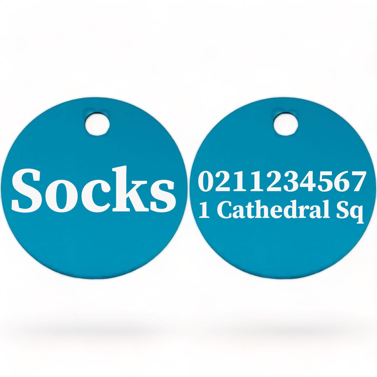 ⭐️Purr. Meow. Woof.⭐️ - Name Front & 1 Number & Address Back | Round Aluminium | Cat, Kitten & Dog ID Pet Tag - DodgerBlue / Cat (Small)