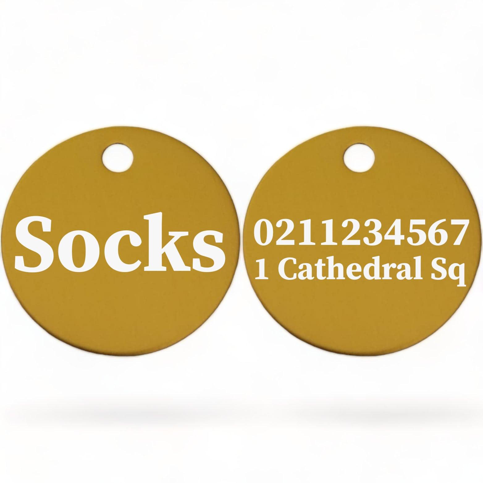 ⭐️Purr. Meow. Woof.⭐️ - Name Front & 1 Number & Address Back | Round Aluminium | Cat, Kitten & Dog ID Pet Tag - Gold / Cat (Small)