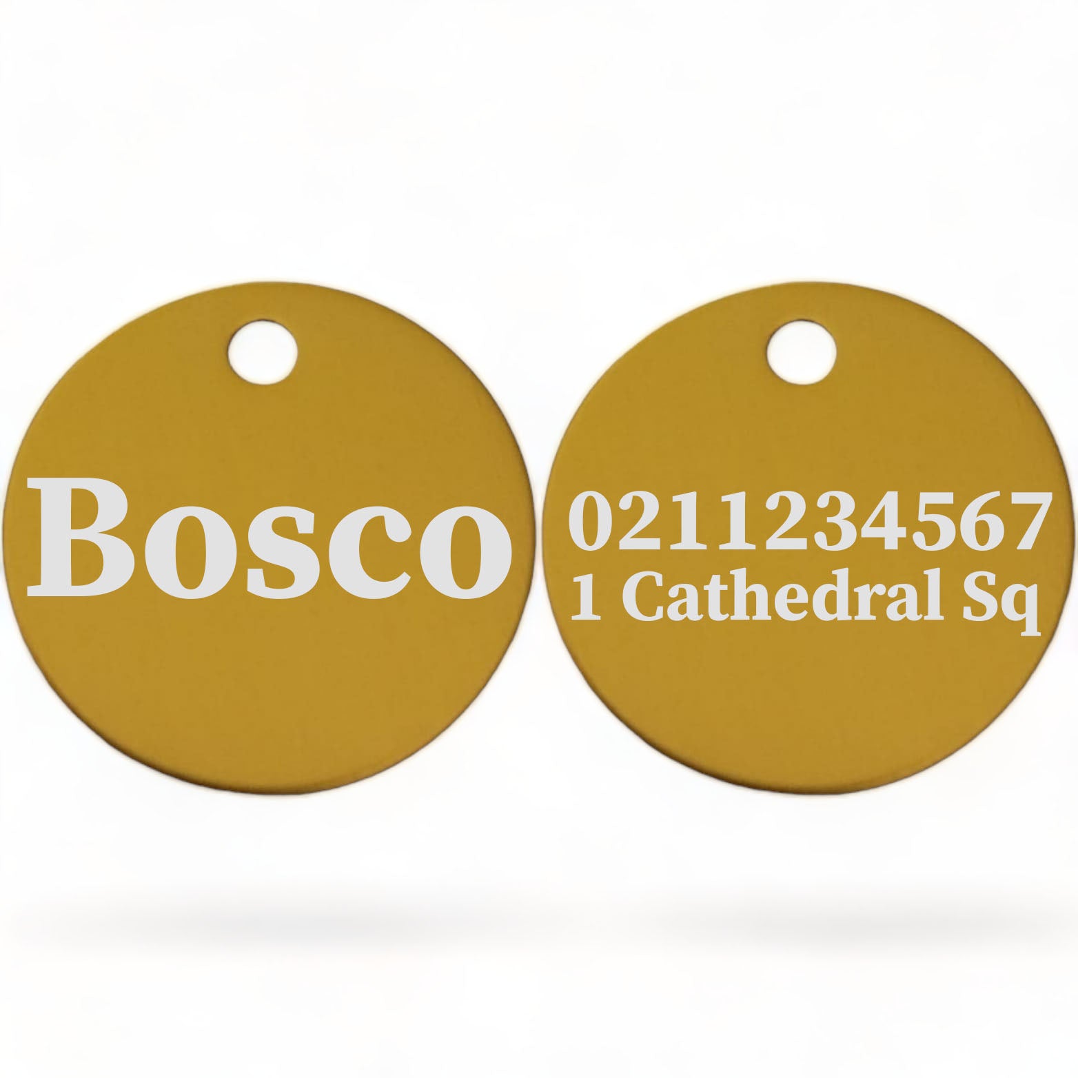 ⭐️Purr. Meow. Woof.⭐️ - Name Front & 1 Number & Address Back | Round Aluminium | Cat, Kitten & Dog ID Pet Tag - Gold / Dog (Large)