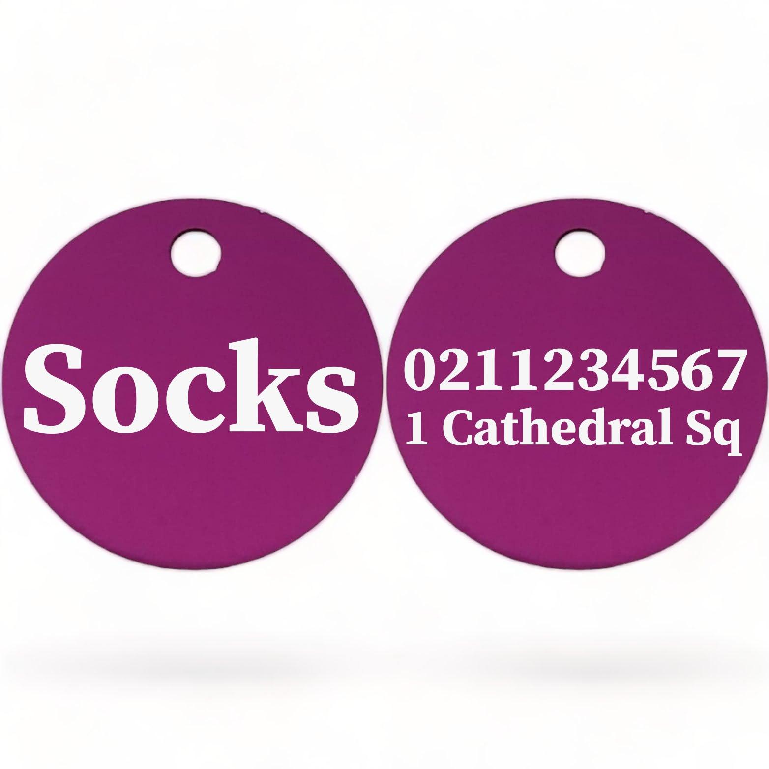 ⭐️Purr. Meow. Woof.⭐️ - Name Front & 1 Number & Address Back | Round Aluminium | Cat, Kitten & Dog ID Pet Tag - Purple / Cat (Small)