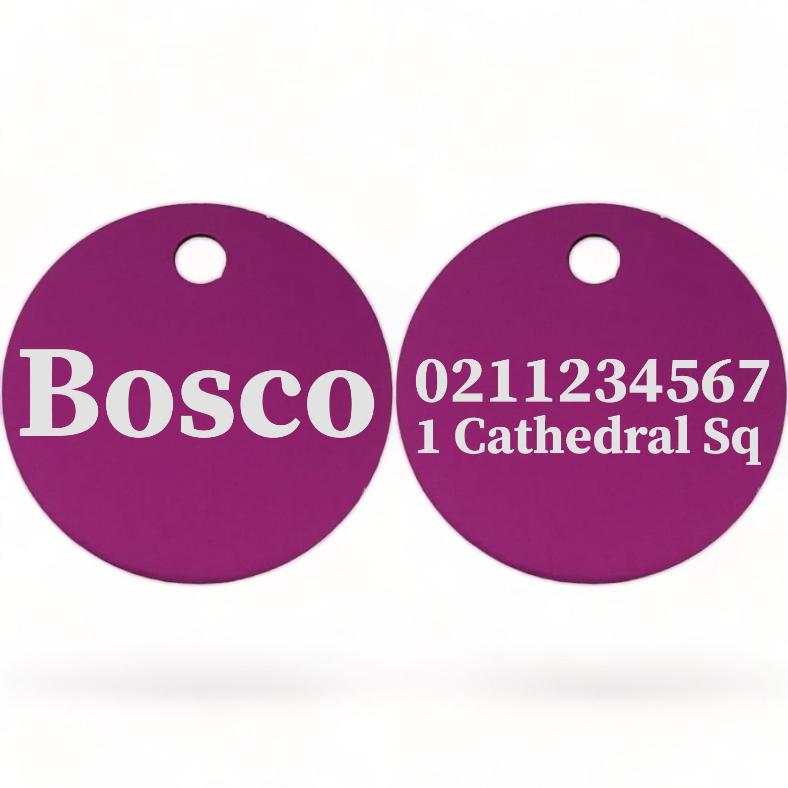 ⭐️Purr. Meow. Woof.⭐️ - Name Front & 1 Number & Address Back | Round Aluminium | Cat, Kitten & Dog ID Pet Tag - Purple / Dog (Large)