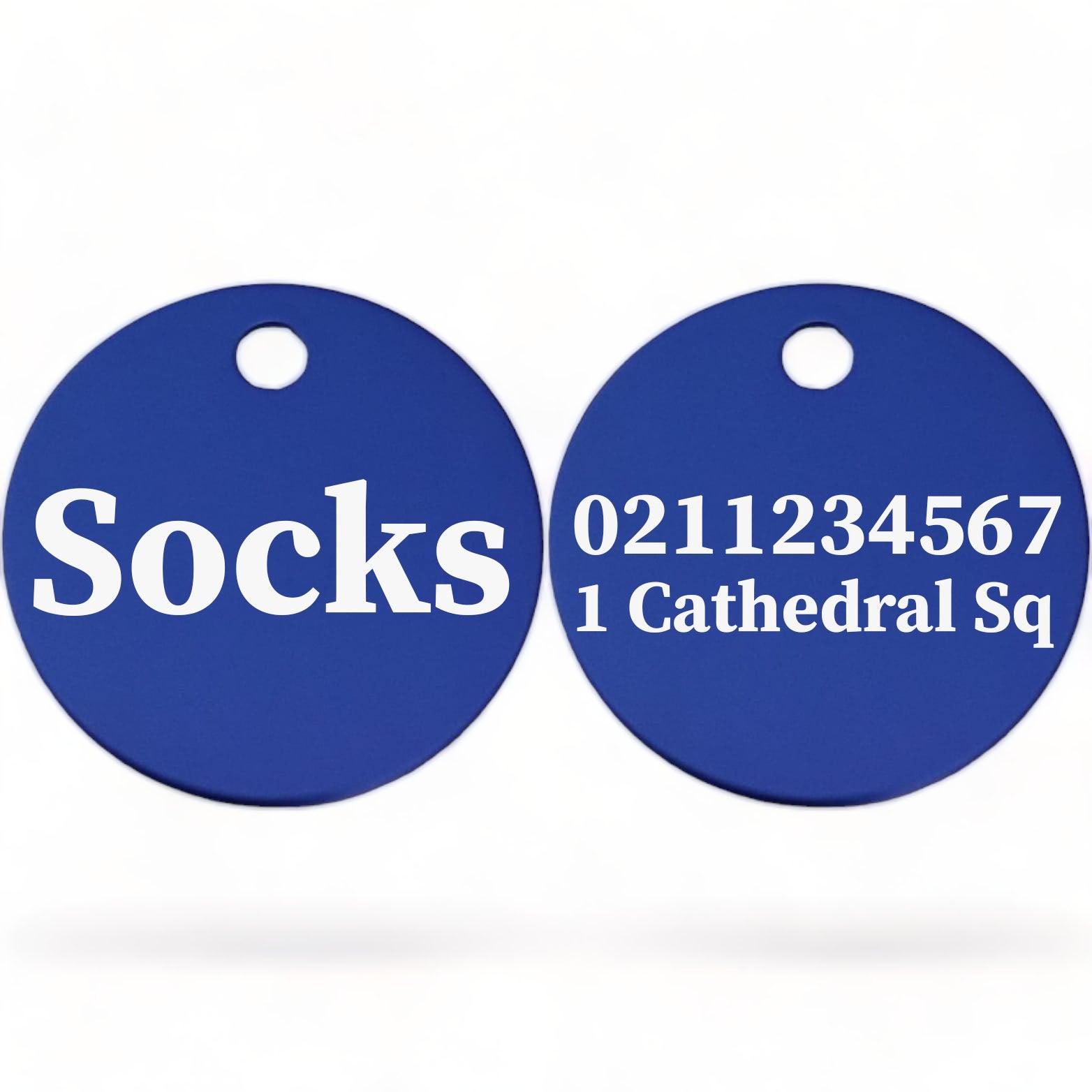 ⭐️Purr. Meow. Woof.⭐️ - Name Front & 1 Number & Address Back | Round Aluminium | Cat, Kitten & Dog ID Pet Tag - RoyalBlue / Cat (Small)