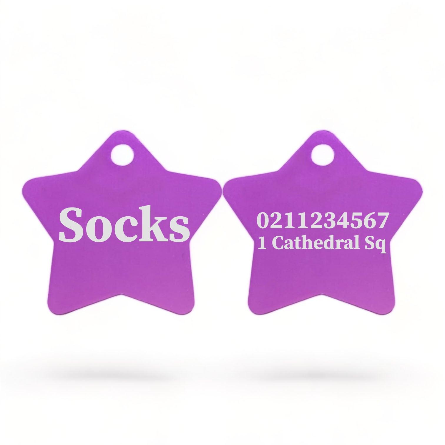 ⭐️Purr. Meow. Woof.⭐️ - Name Front & 1 Number & Address Back | Star Aluminum | Cat, Kitten & Dog ID Pet Tag - Purple / Small (Cat)