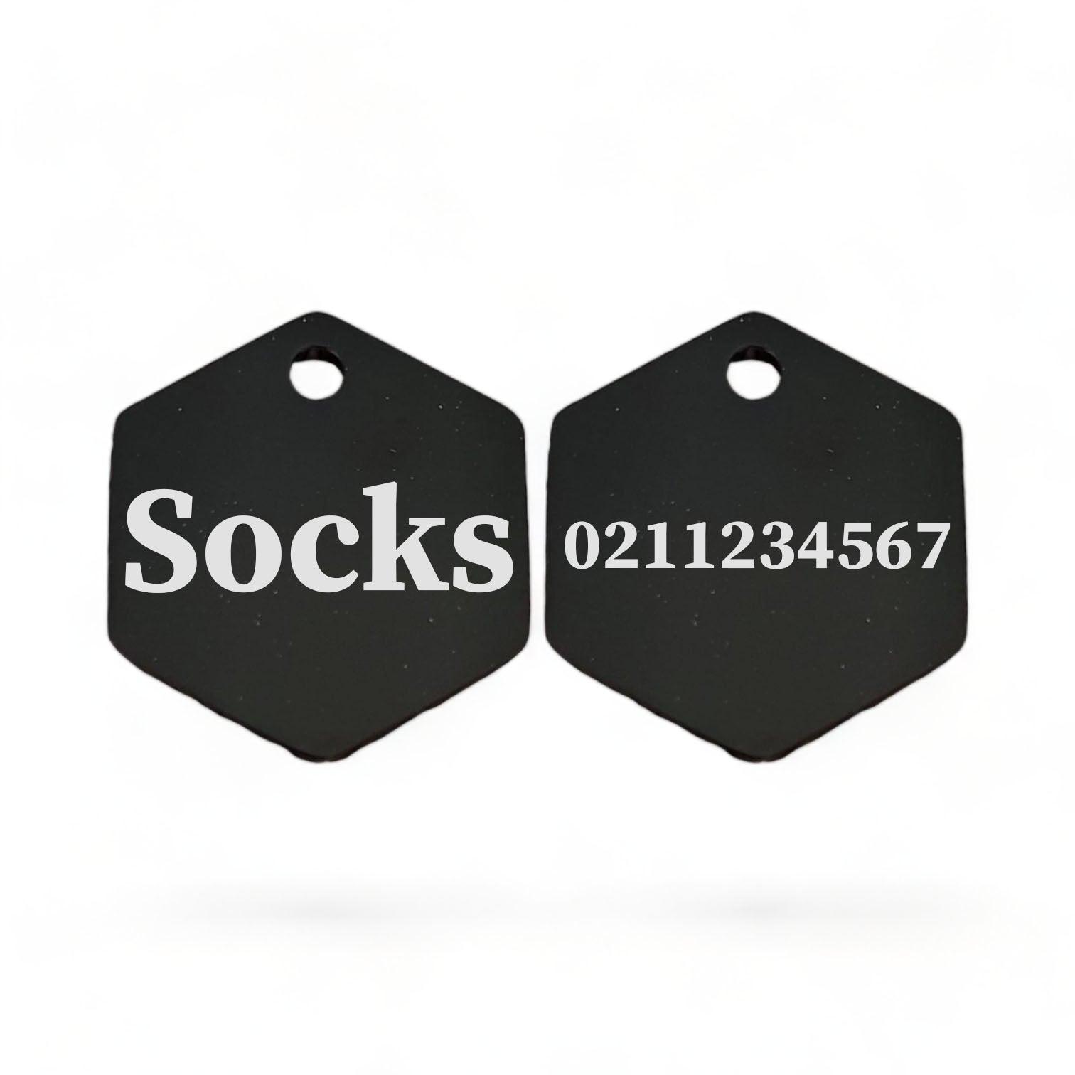 ⭐️Purr. Meow. Woof.⭐️ - Name Front & 1 Number Back | Mirror Stainless | Hexagon Cat & Dog ID Pet Tag - Black / Small (Cat)