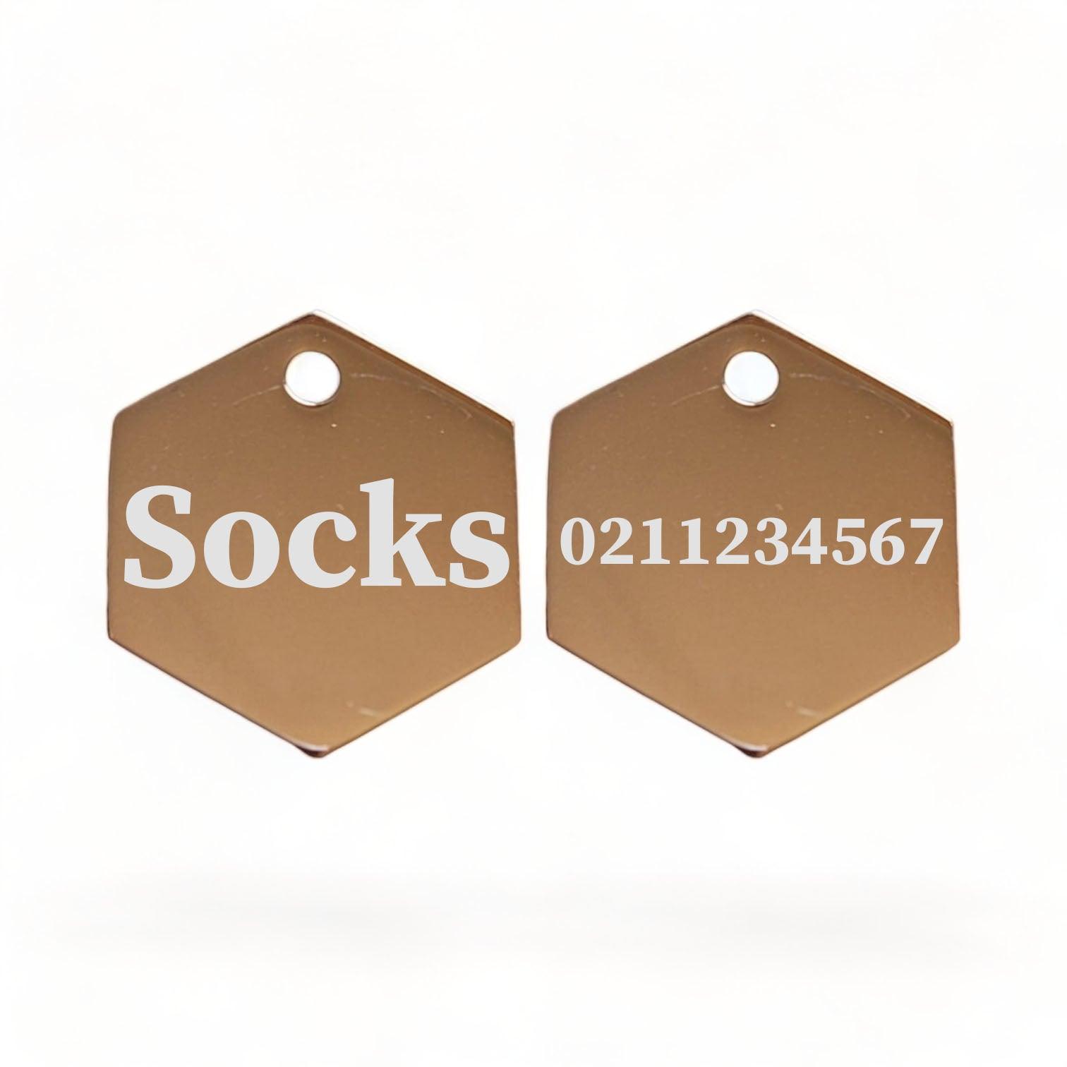 ⭐️Purr. Meow. Woof.⭐️ - Name Front & 1 Number Back | Mirror Stainless | Hexagon Cat & Dog ID Pet Tag - BurlyWood / Small (Cat)