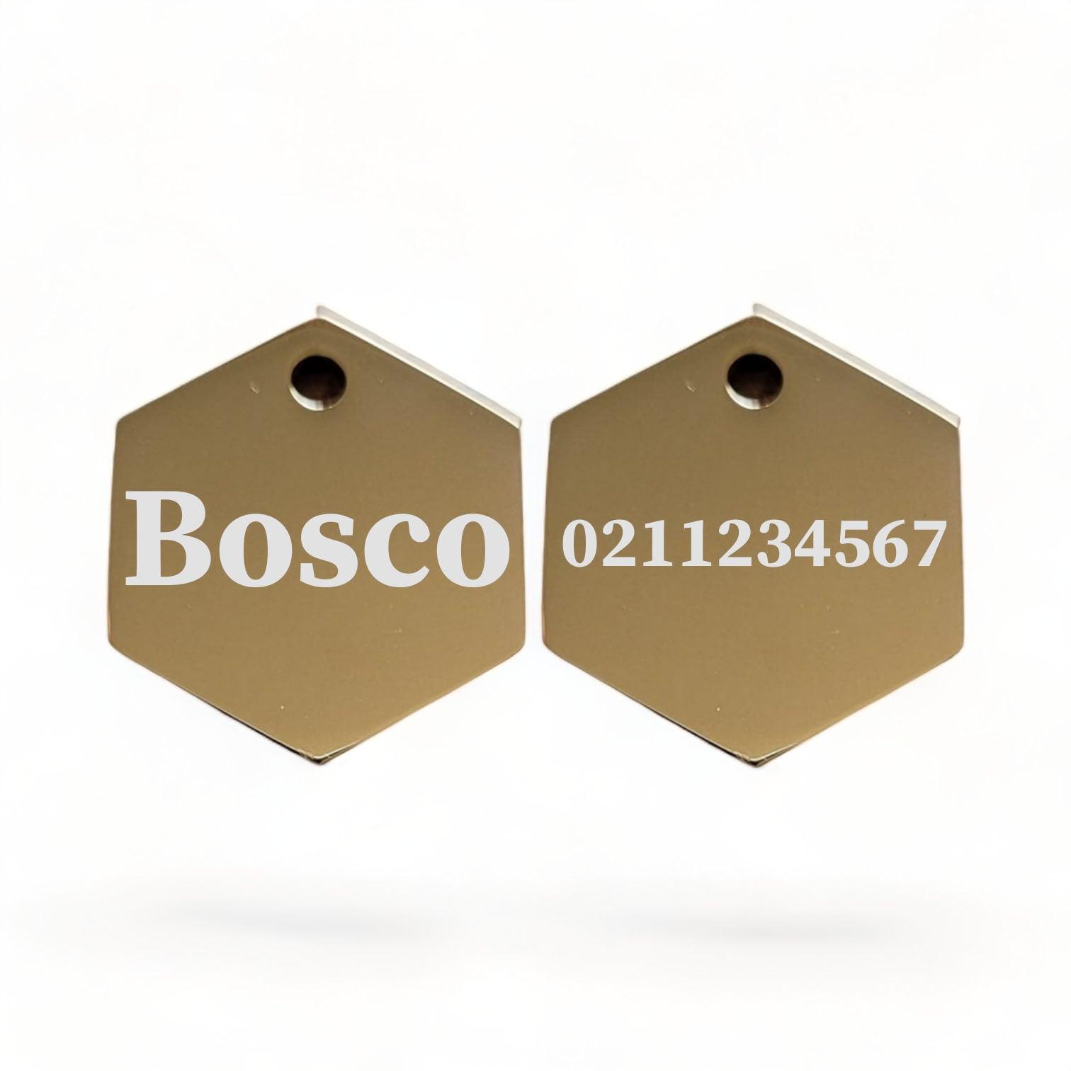 ⭐️Purr. Meow. Woof.⭐️ - Name Front & 1 Number Back | Mirror Stainless | Hexagon Cat & Dog ID Pet Tag - Gold / Large (Dog)