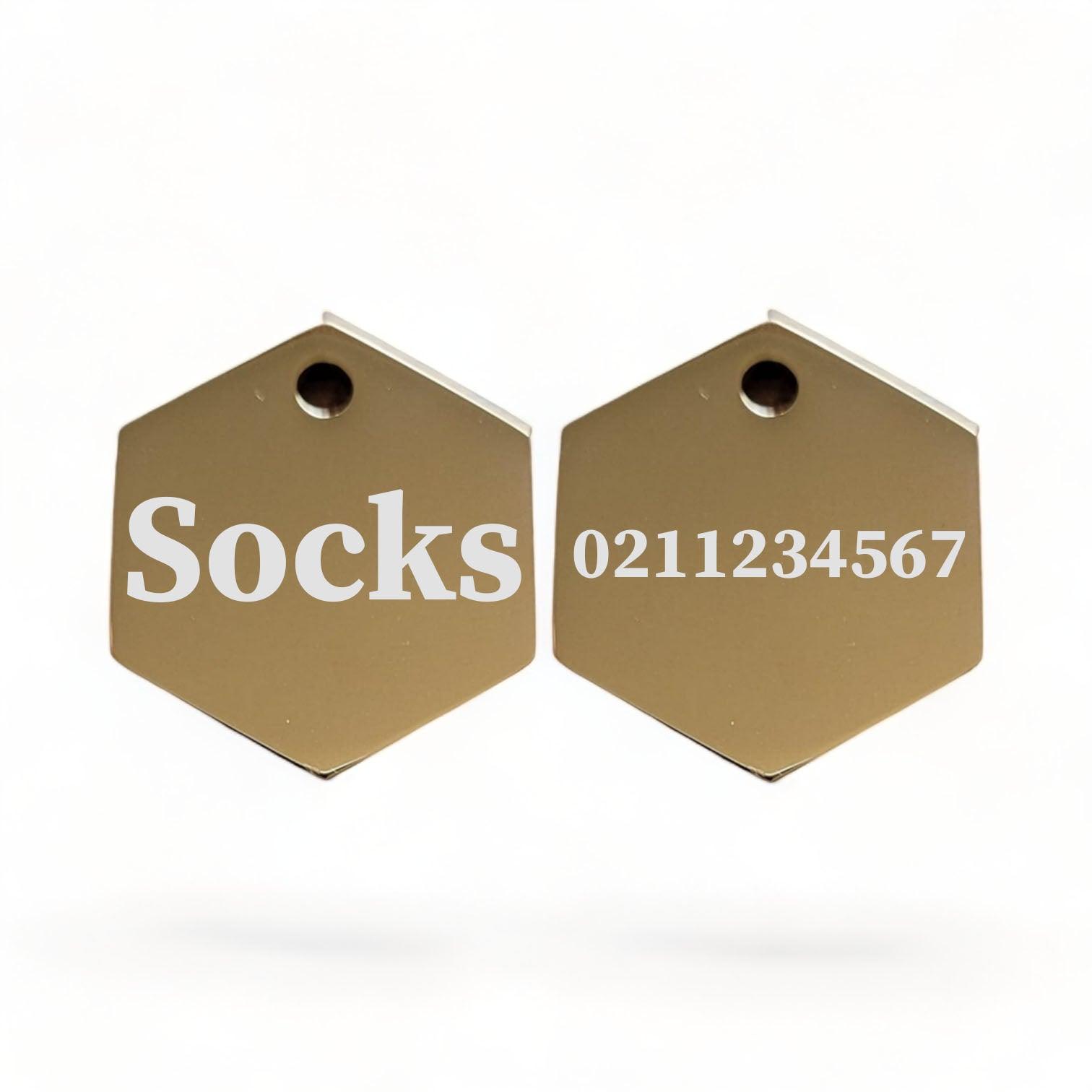 ⭐️Purr. Meow. Woof.⭐️ - Name Front & 1 Number Back | Mirror Stainless | Hexagon Cat & Dog ID Pet Tag - Gold / Small (Cat)