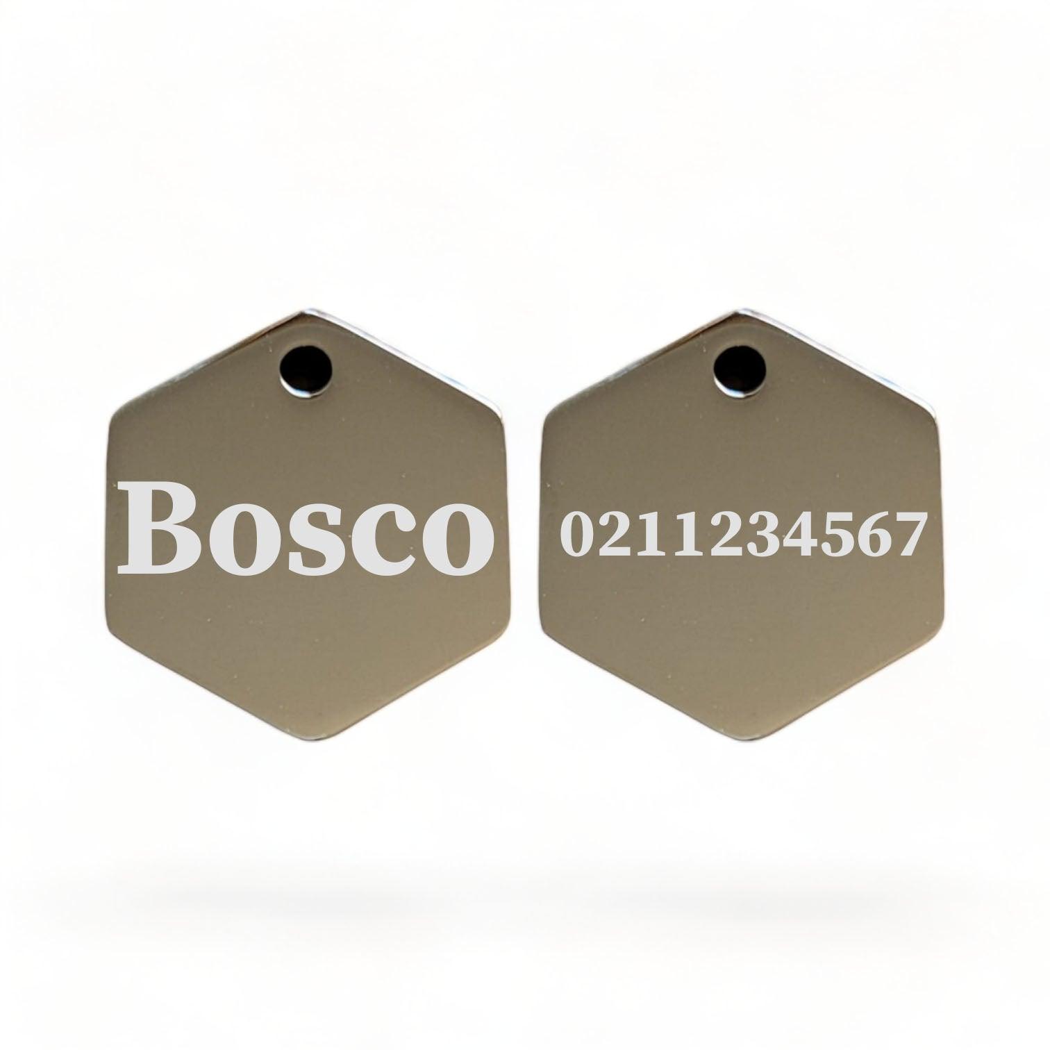 ⭐️Purr. Meow. Woof.⭐️ - Name Front & 1 Number Back | Mirror Stainless | Hexagon Cat & Dog ID Pet Tag - Silver / Large (Dog)