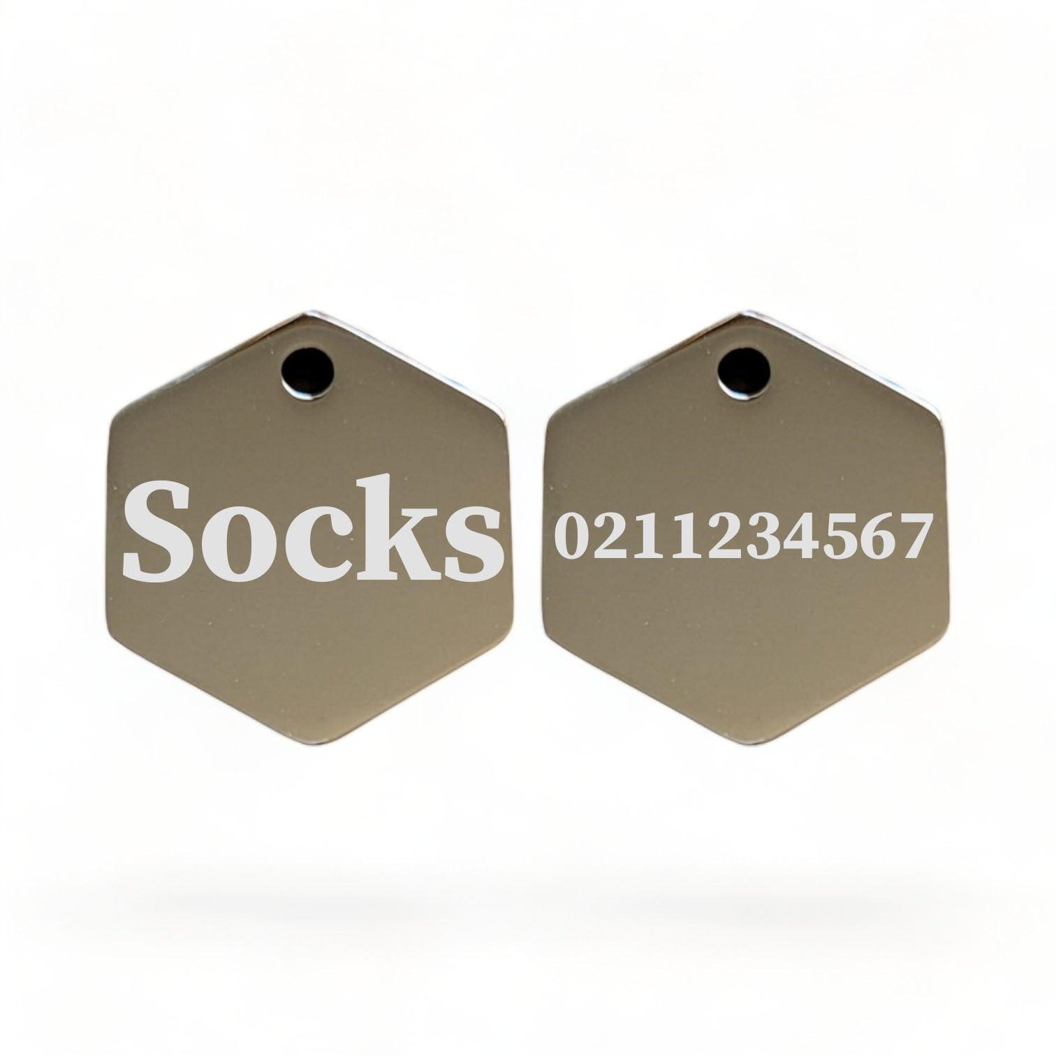 ⭐️Purr. Meow. Woof.⭐️ - Name Front & 1 Number Back | Mirror Stainless | Hexagon Cat & Dog ID Pet Tag - Silver / Small (Cat)