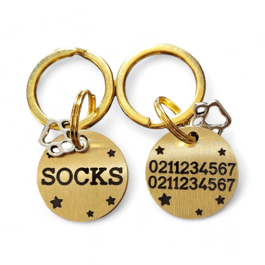 ⭐️Purr. Meow. Woof.⭐️ - Name Front & 2 Numbers Back Bespoke Brass Cat & Dog ID Pet Tag - Small (Cat)