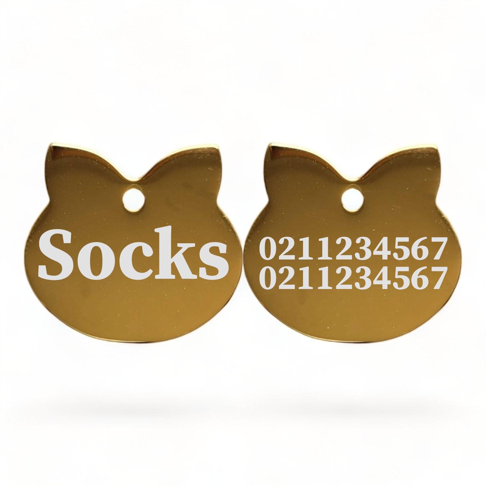⭐️Purr. Meow. Woof.⭐️ - Name Front & 2 Numbers Back Cat Ears | Mirror Stainless | Cat ID Pet Tag - Gold