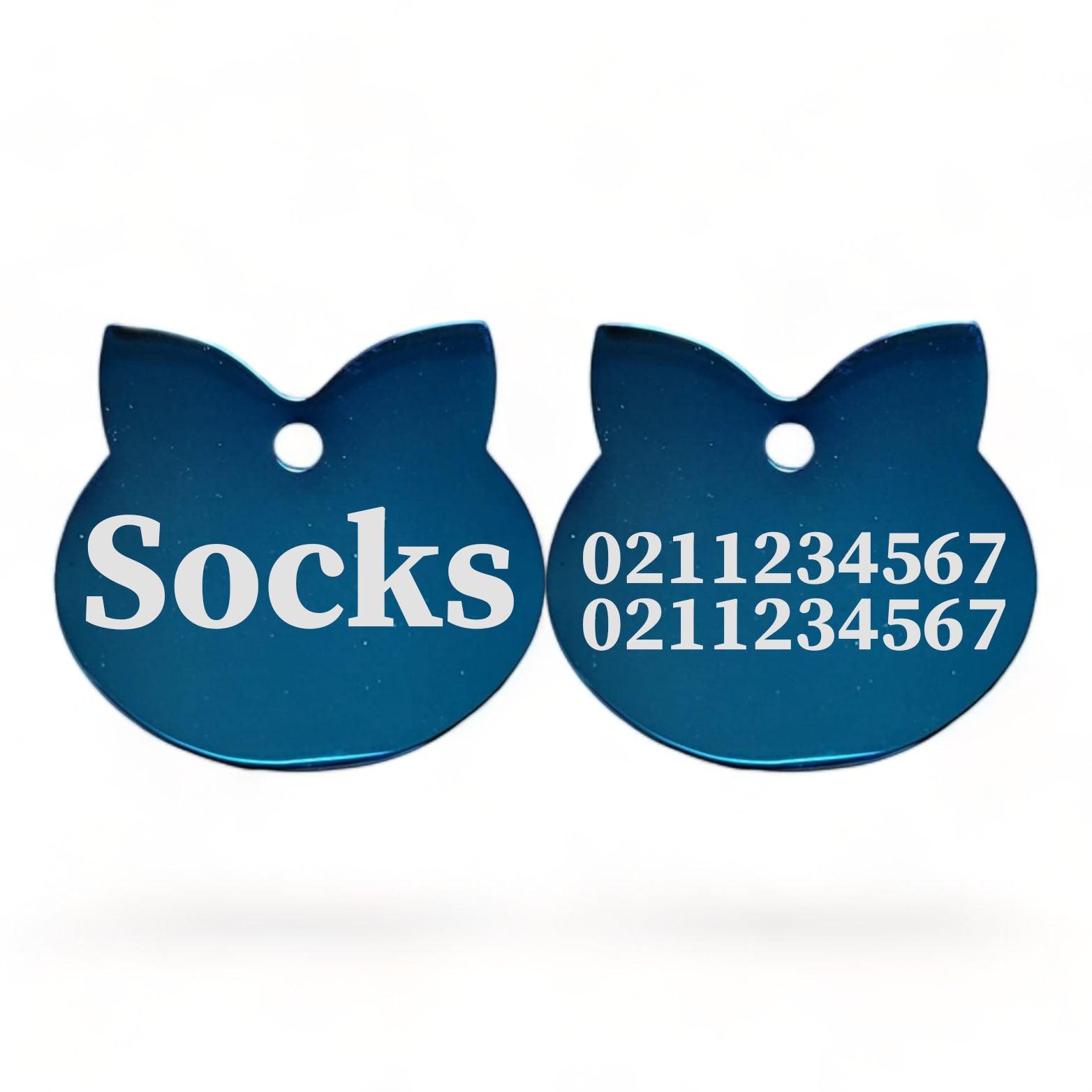 ⭐️Purr. Meow. Woof.⭐️ - Name Front & 2 Numbers Back Cat Ears | Mirror Stainless | Cat ID Pet Tag - MidnightBlue