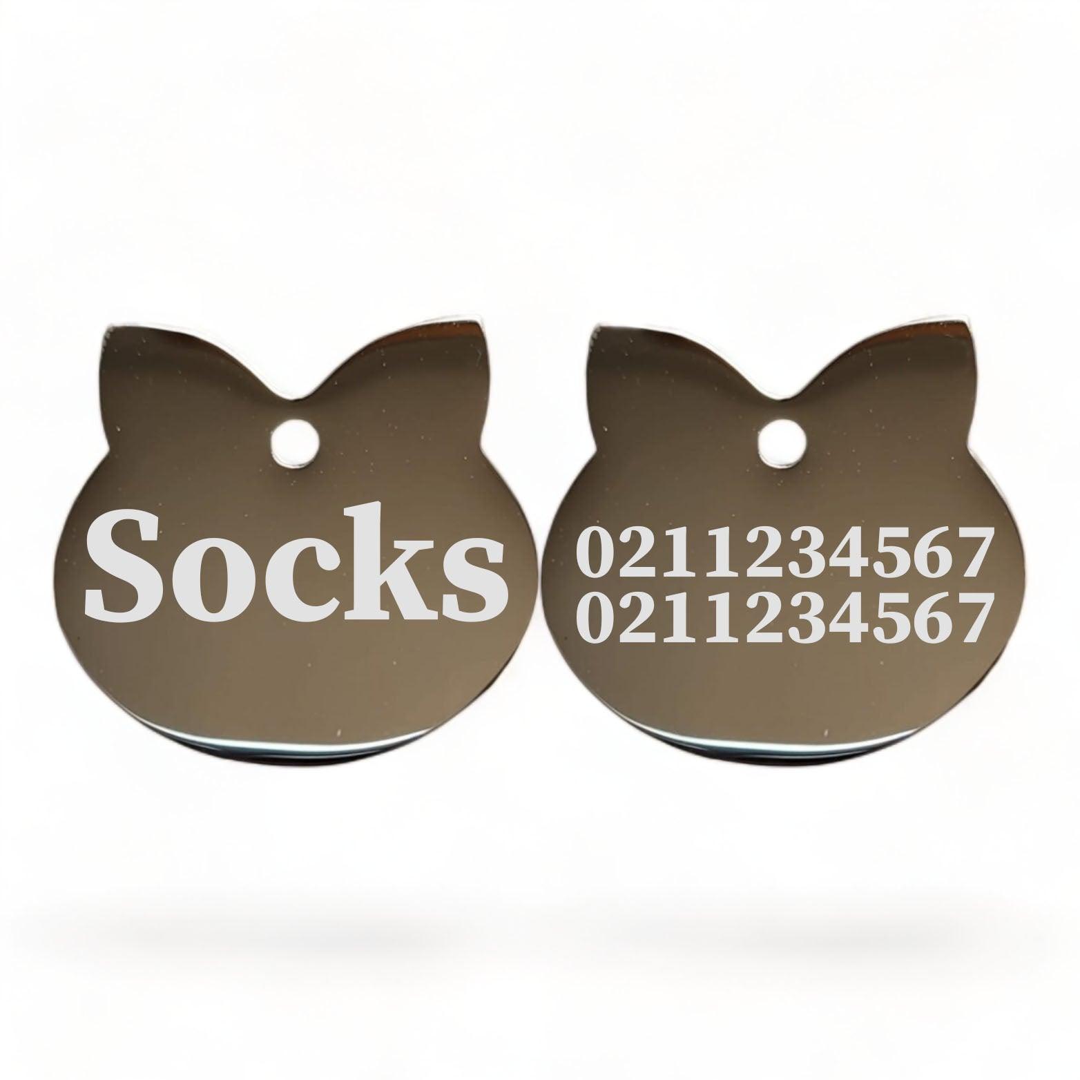 ⭐️Purr. Meow. Woof.⭐️ - Name Front & 2 Numbers Back Cat Ears | Mirror Stainless | Cat ID Pet Tag - Silver