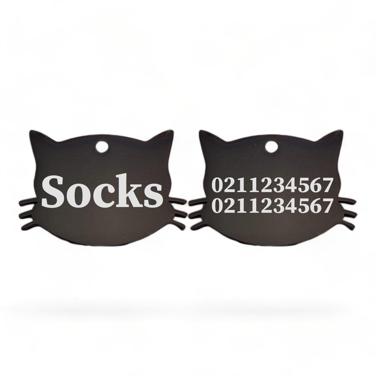⭐️Purr. Meow. Woof.⭐️ - Name Front & 2 Numbers Back Cat Whiskers | Mirror Stainless | Cat ID Pet Tag - Black