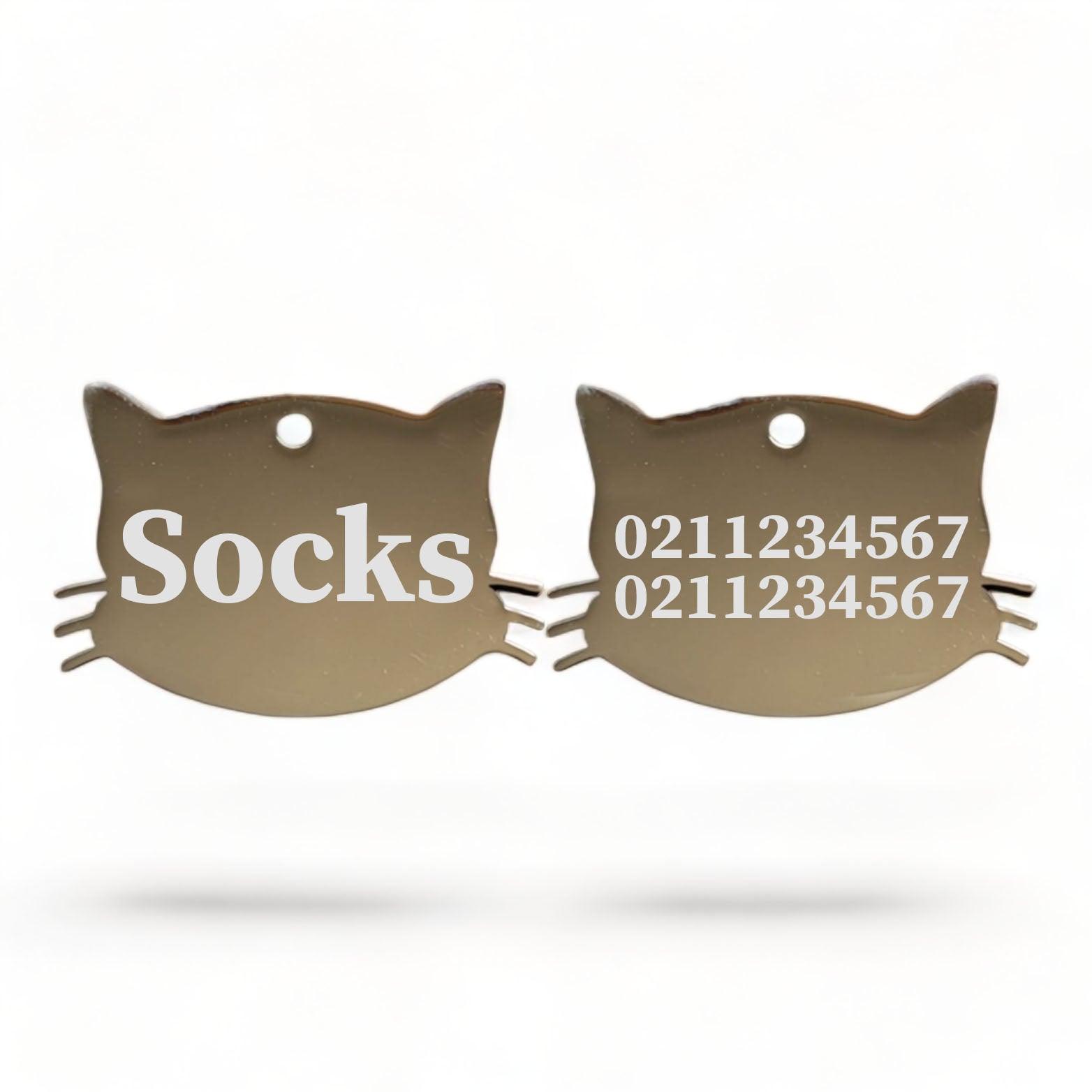 ⭐️Purr. Meow. Woof.⭐️ - Name Front & 2 Numbers Back Cat Whiskers | Mirror Stainless | Cat ID Pet Tag - Silver