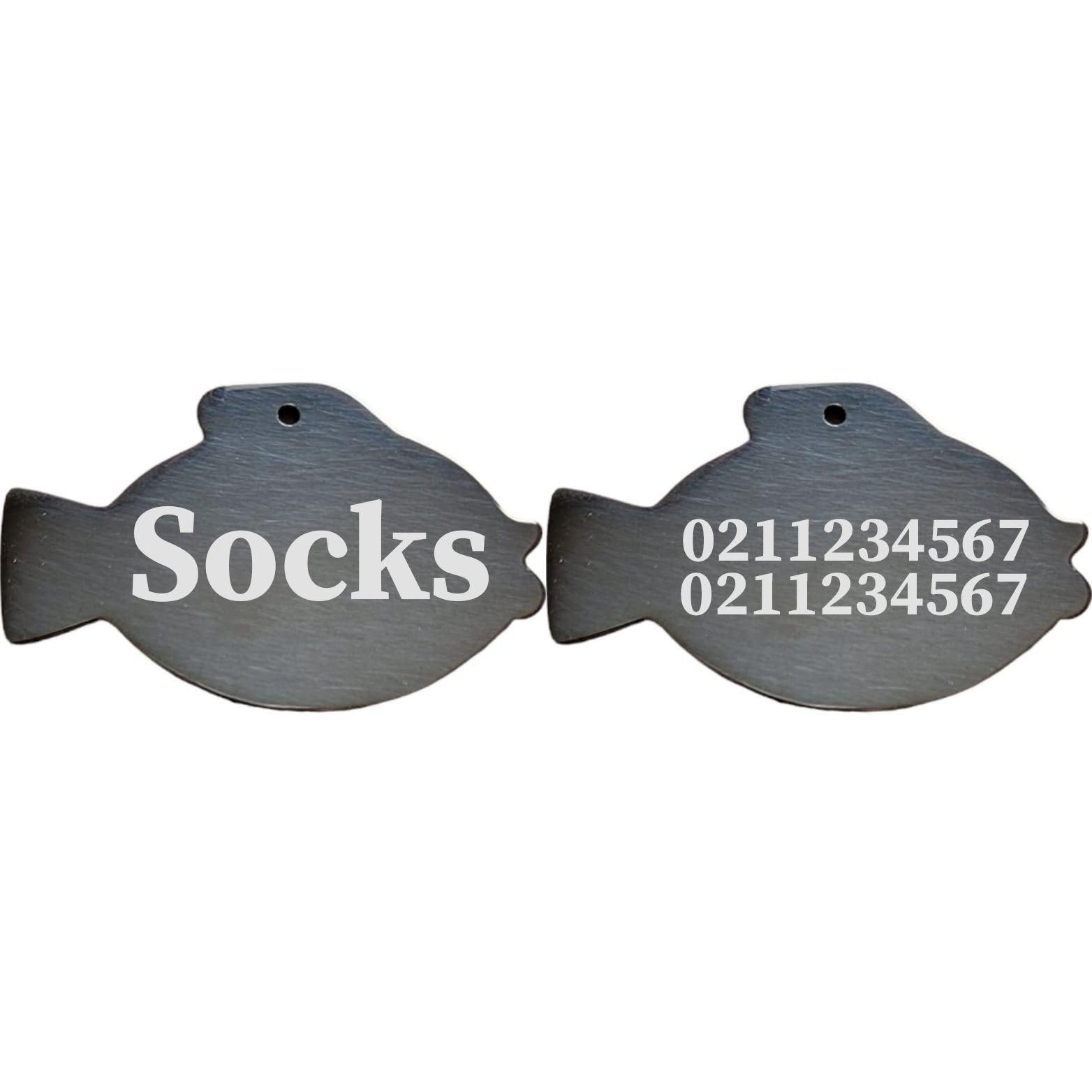 ⭐️Purr. Meow. Woof.⭐️ - Name Front & 2 Numbers Back Fish | Mirror Stainless | Cat & Dog ID Pet Tag - Black