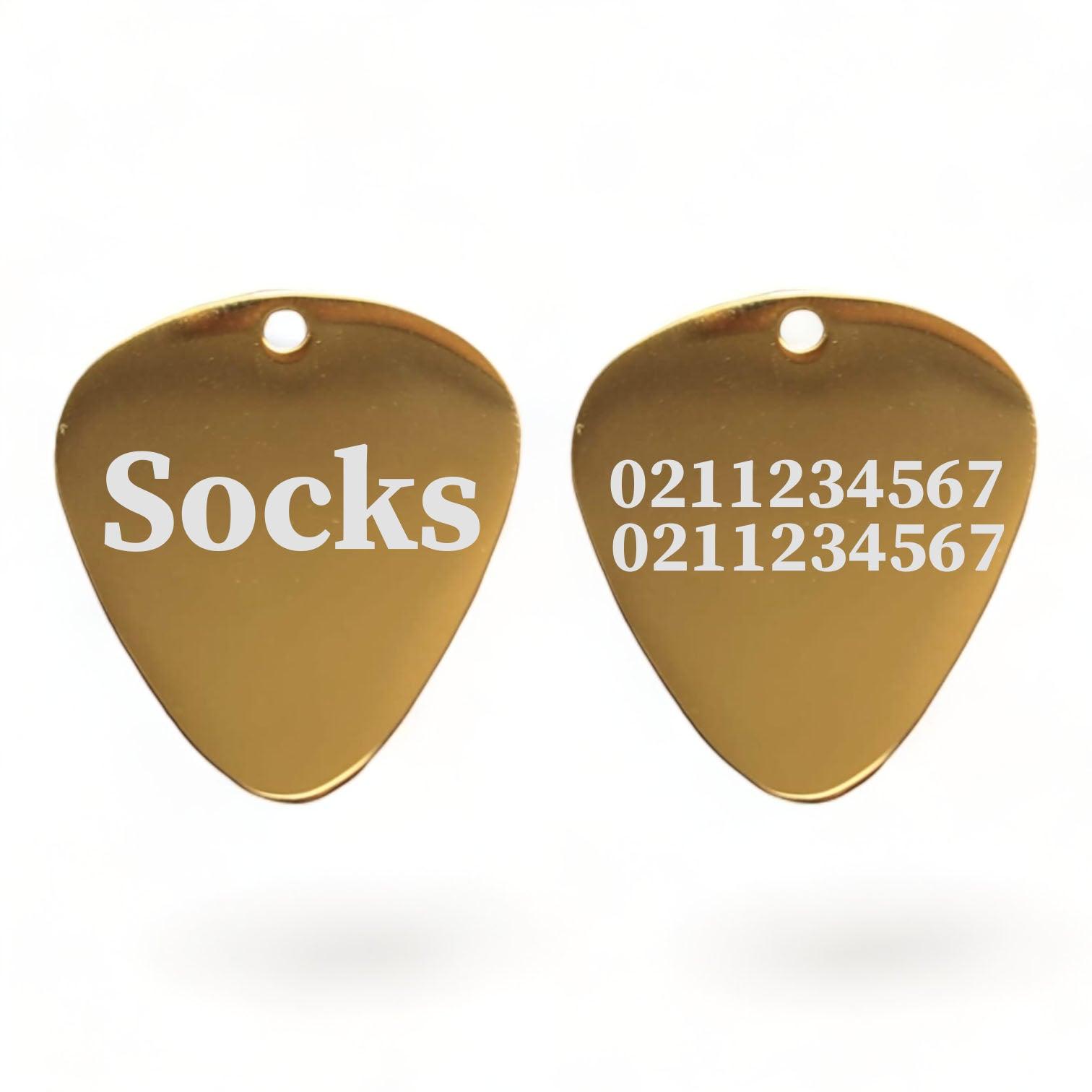 ⭐️Purr. Meow. Woof.⭐️ - Name Front & 2 Numbers Back Guitar Pick | Mirror Stainless | Dog & Cat ID Pet Tag - Gold
