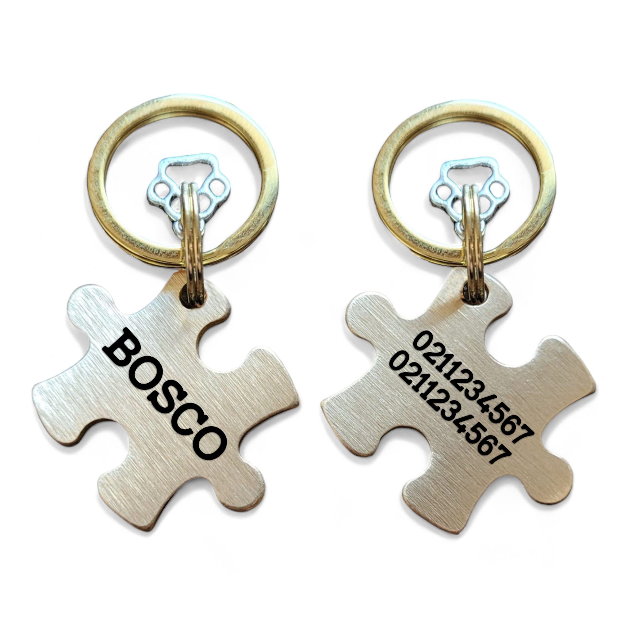 ⭐️Purr. Meow. Woof.⭐️ - Name Front & 2 Numbers Back | Bespoke Brass | Puzzle Piece Cat & Dog ID Pet Tag - Plain