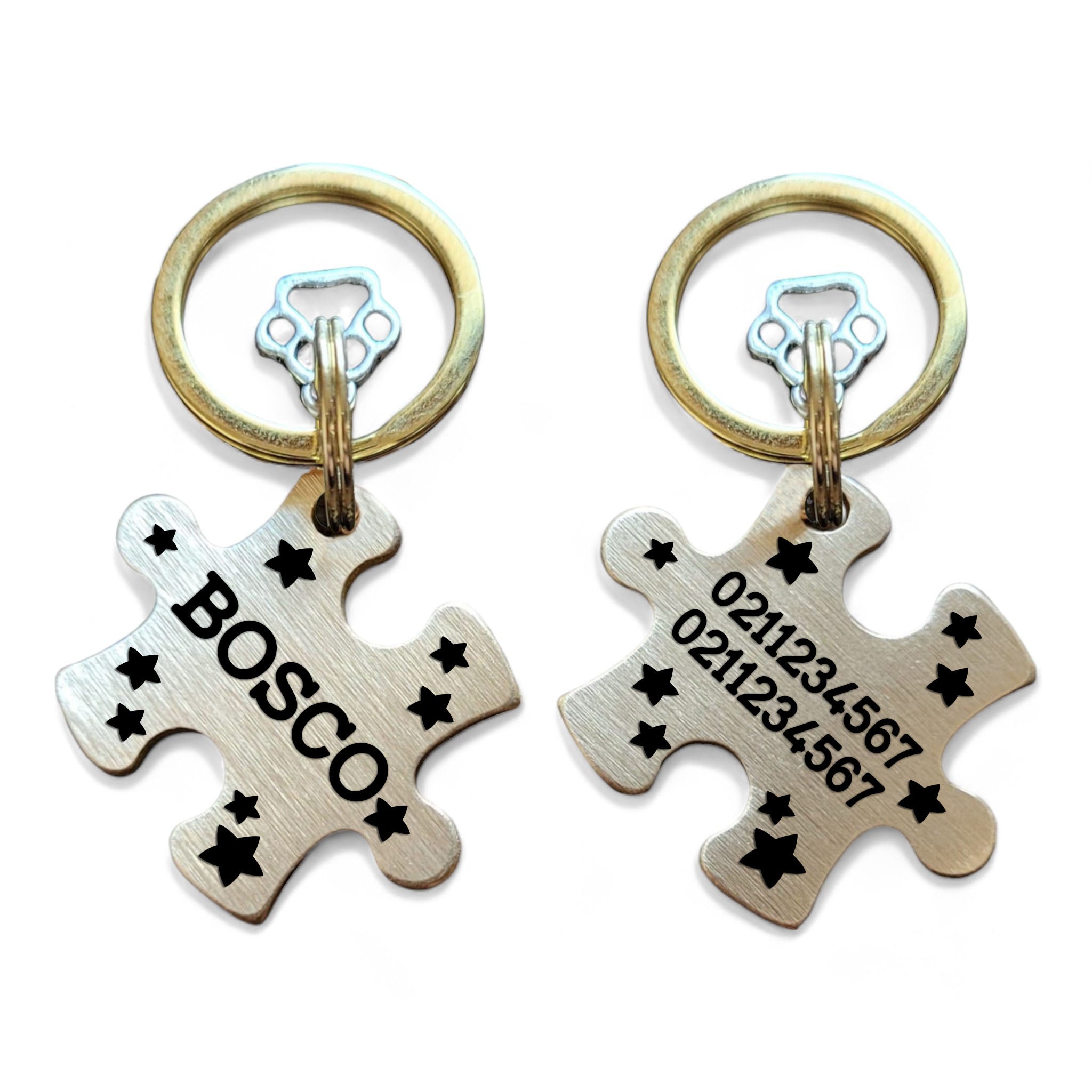 ⭐️Purr. Meow. Woof.⭐️ - Name Front & 2 Numbers Back | Bespoke Brass | Puzzle Piece Cat & Dog ID Pet Tag - Stars