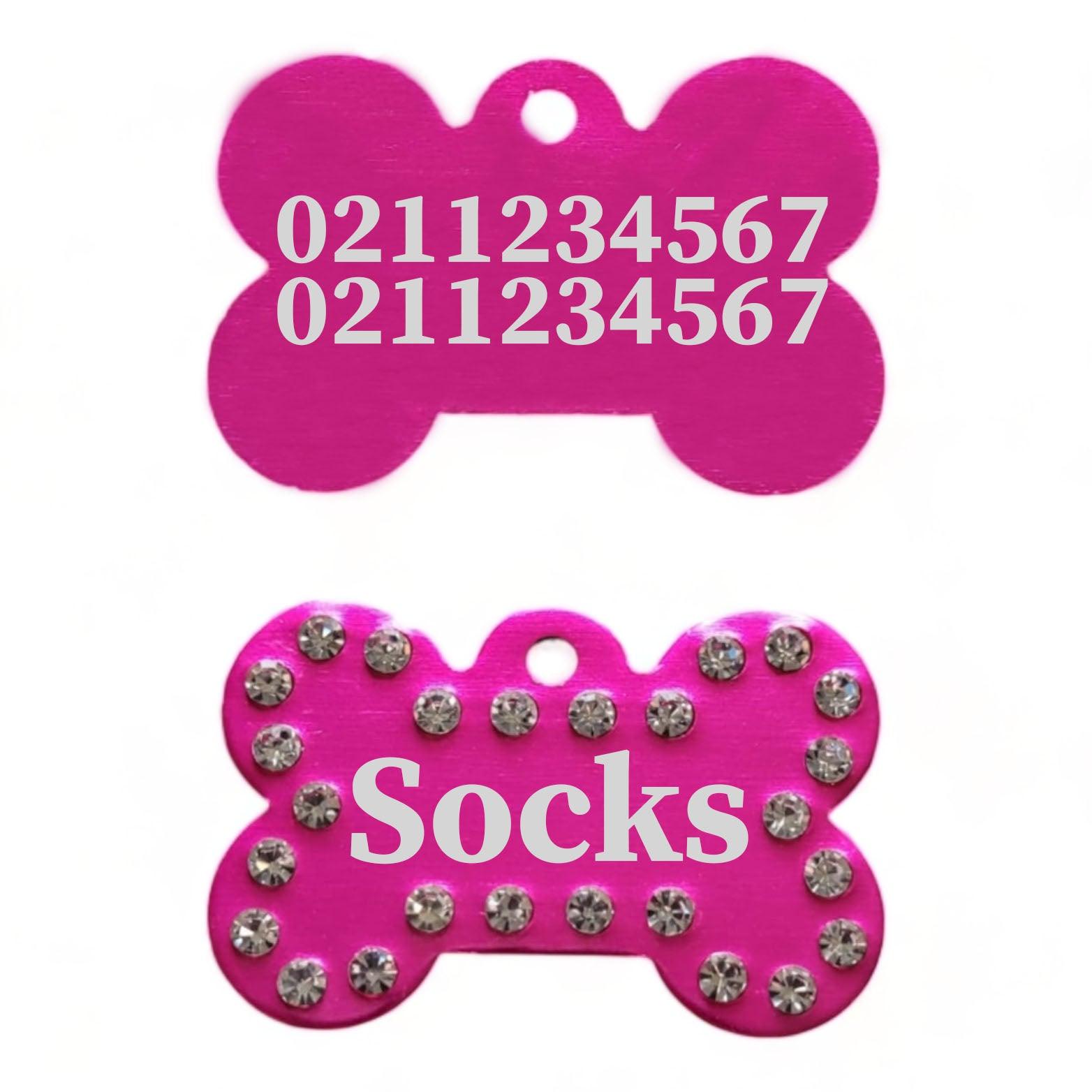 ⭐️Purr. Meow. Woof.⭐️ - Name Front & 2 Numbers Back | Bling Bone Aluminum | Dog ID Pet Tag - DeepPink