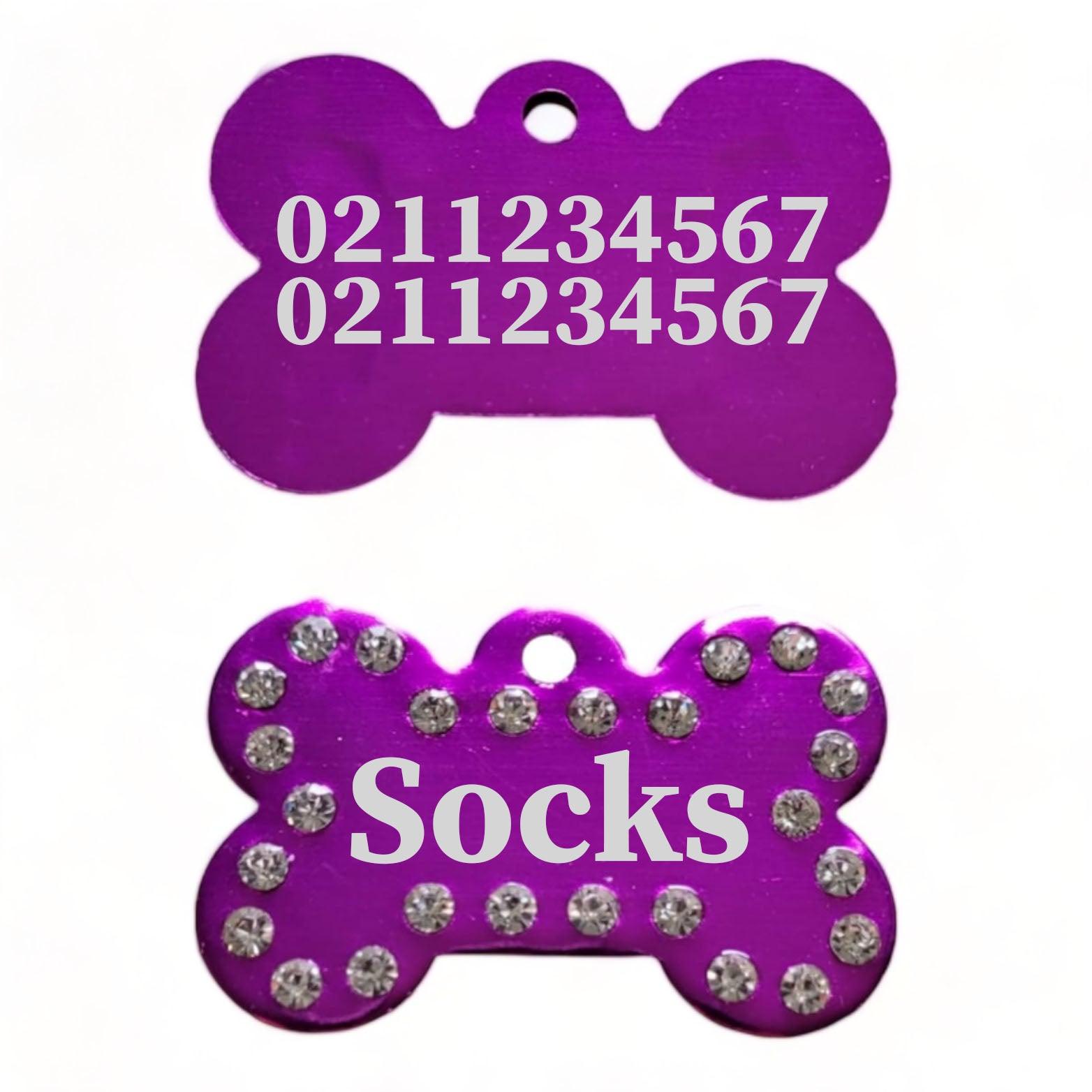⭐️Purr. Meow. Woof.⭐️ - Name Front & 2 Numbers Back | Bling Bone Aluminum | Dog ID Pet Tag - Purple