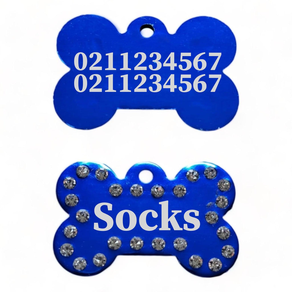 ⭐️Purr. Meow. Woof.⭐️ - Name Front & 2 Numbers Back | Bling Bone Aluminum | Dog ID Pet Tag - RoyalBlue