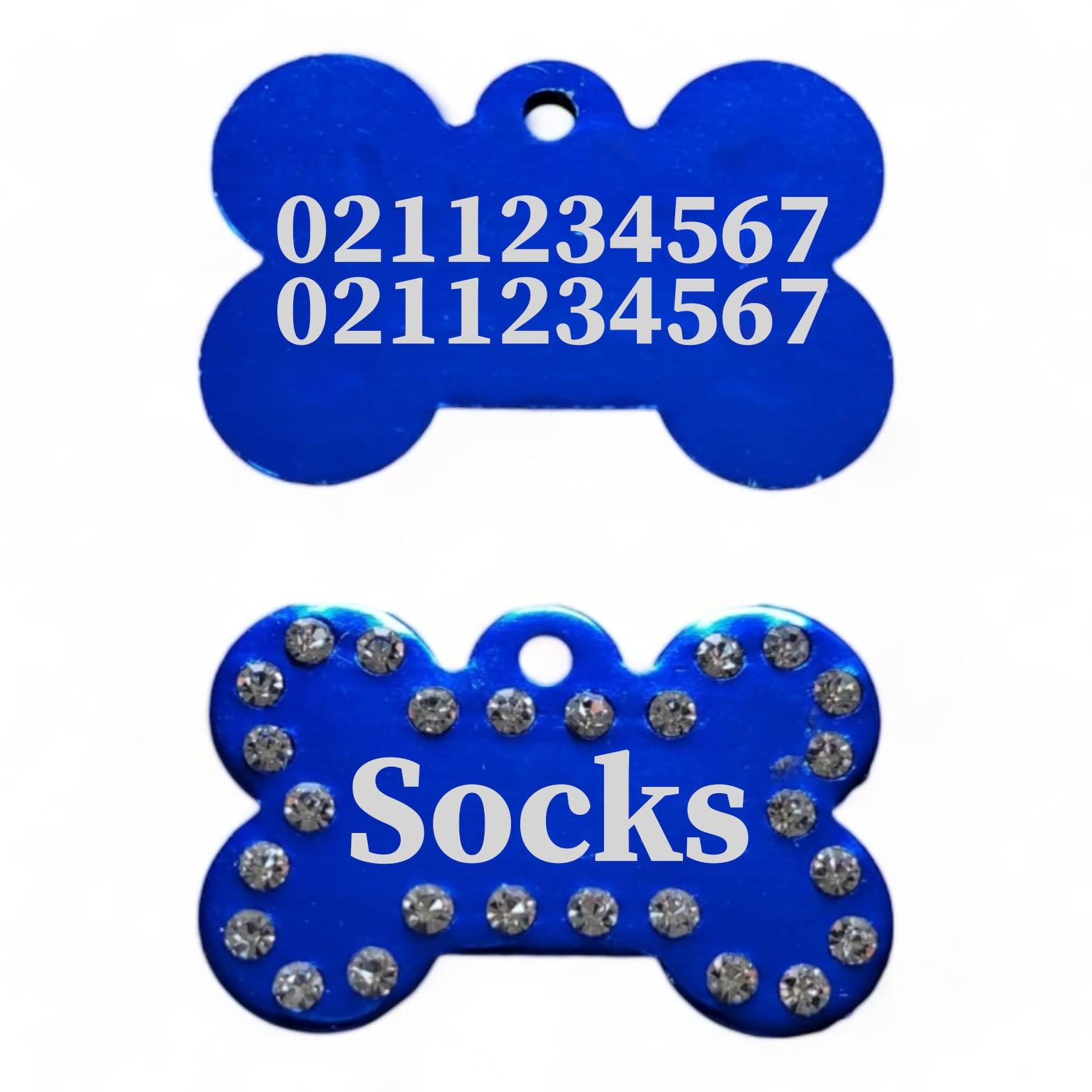 ⭐️Purr. Meow. Woof.⭐️ - Name Front & 2 Numbers Back | Bling Bone Aluminum | Dog ID Pet Tag - RoyalBlue