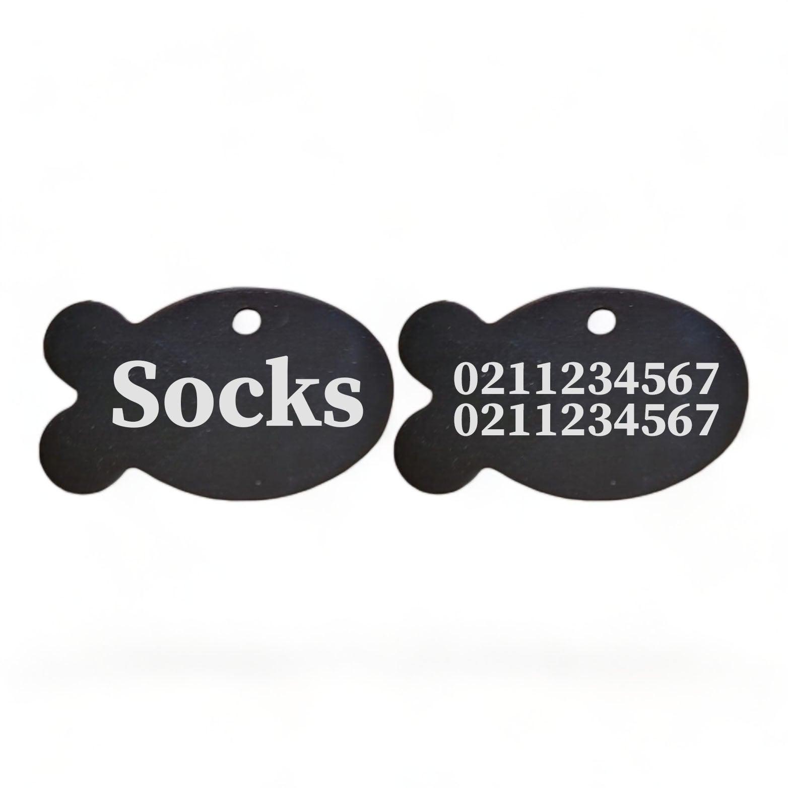 ⭐️Purr. Meow. Woof.⭐️ - Name Front & 2 Numbers Back | Fish Aluminum | Cat, Kitten & Dog ID Pet Tag - Black