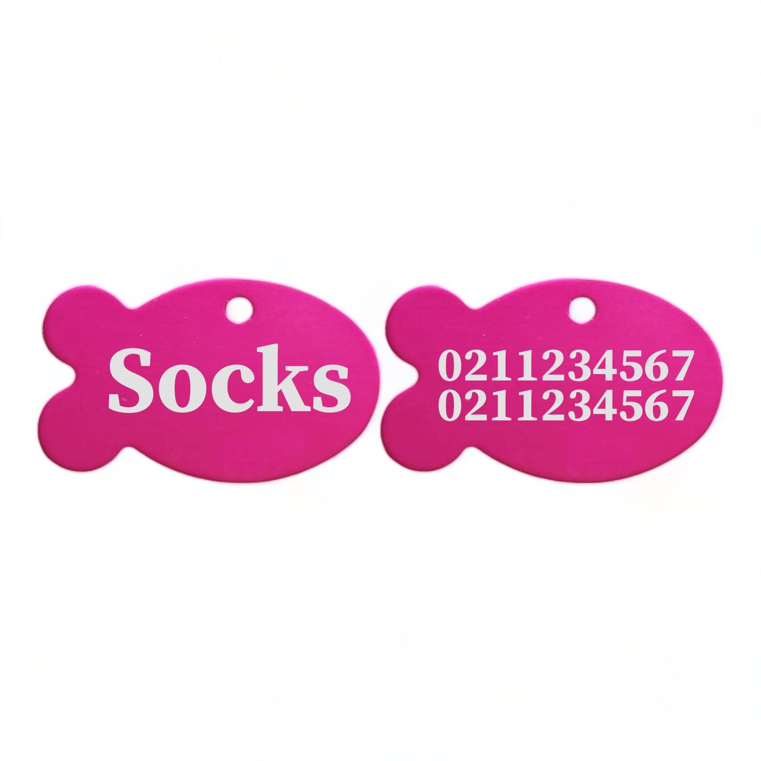 ⭐️Purr. Meow. Woof.⭐️ - Name Front & 2 Numbers Back | Fish Aluminum | Cat, Kitten & Dog ID Pet Tag - DeepPink